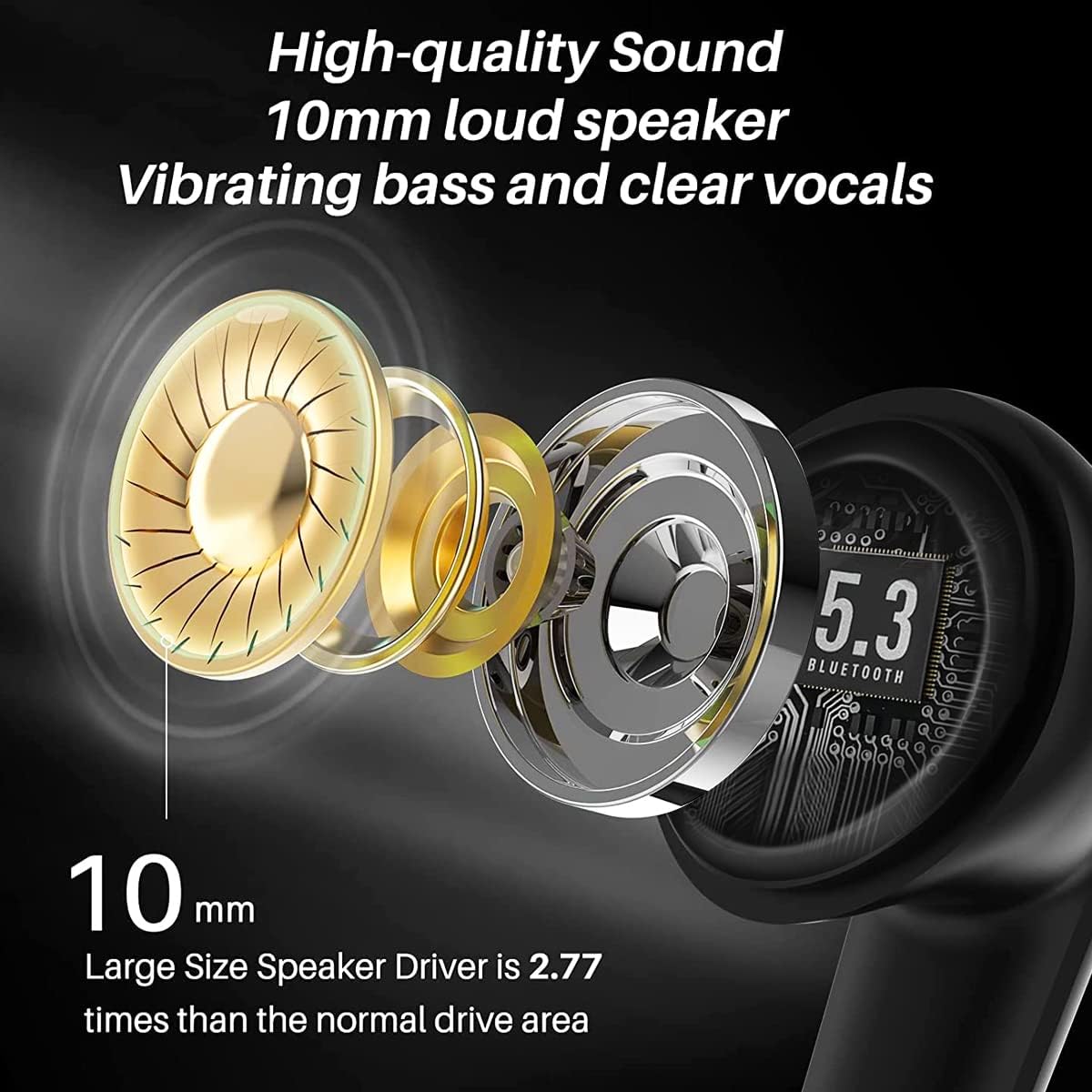 Diagram illustrating the 10mm speaker driver for high-quality sound and deep bass.