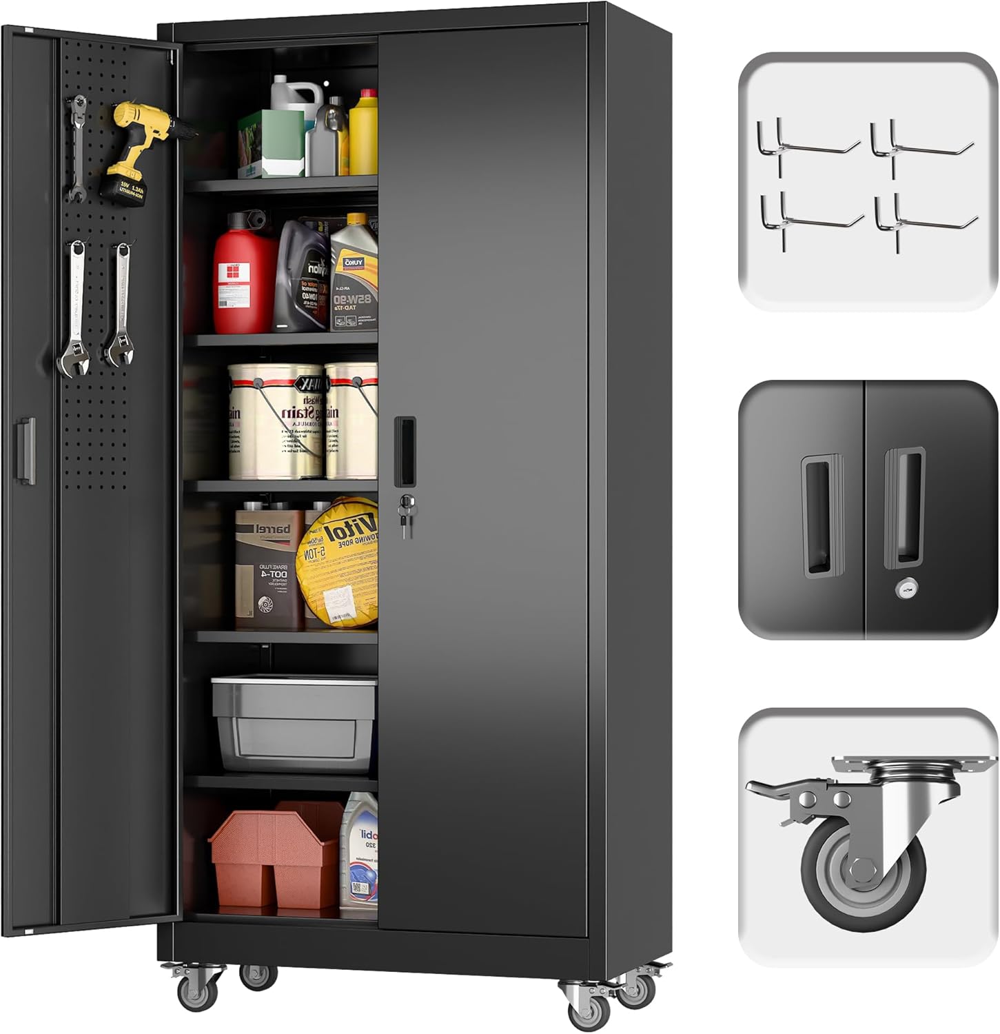 Metal Storage Cabinet with 5 Adjustable Shelves and Pegboard, 71" H32" W16" D Lockable Garage Storage Cabinet with Wheels for Garage, Home, Warehouse, Black, Assembly Required