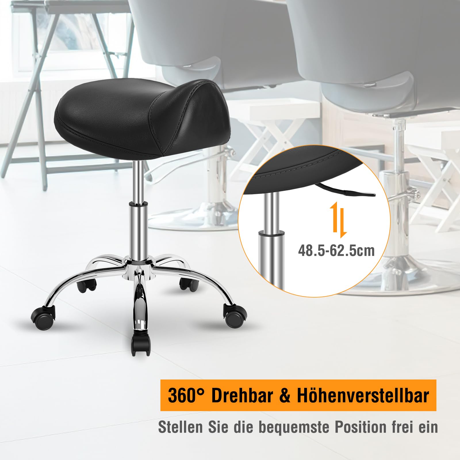 Sattelhocker，hocker mit rollen，hocker höhenverstellbar zur Linderung von Rückenschmerzen（48.5-62.5cm）Rollhocker mit dickem Kissen，Sattelhocker mit rollen für Salon Spa Zahnarzt Büro (Schwarz)