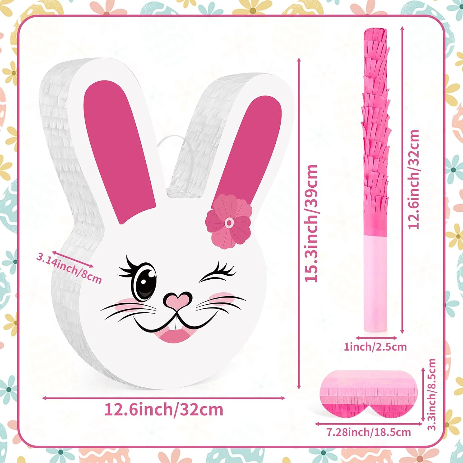 Easter Bunny Pinata - Bunny Decorations with a Blindfold and Bat for Boys Girls Animal Themed Birthday Party Kids Classroom Game Decoration Supplies (15.3 x 12.6 x 3.14 Inches)