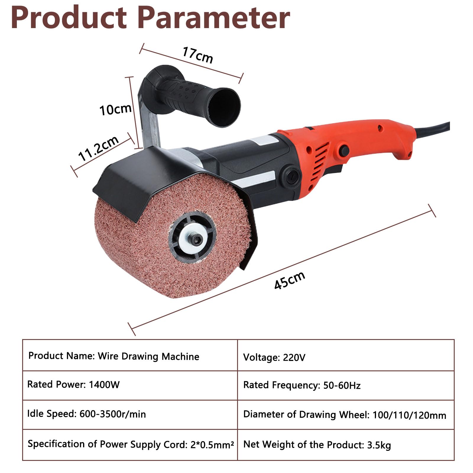 Satiniermaschine mit 2 Ziehrädern, 1400W 3500rpm Elektrische Trommelschleifmaschine, 6 variable Geschwindigkeiten, Handgeführte Elektrische Drahtziehmaschine für Metall und Edelstahl