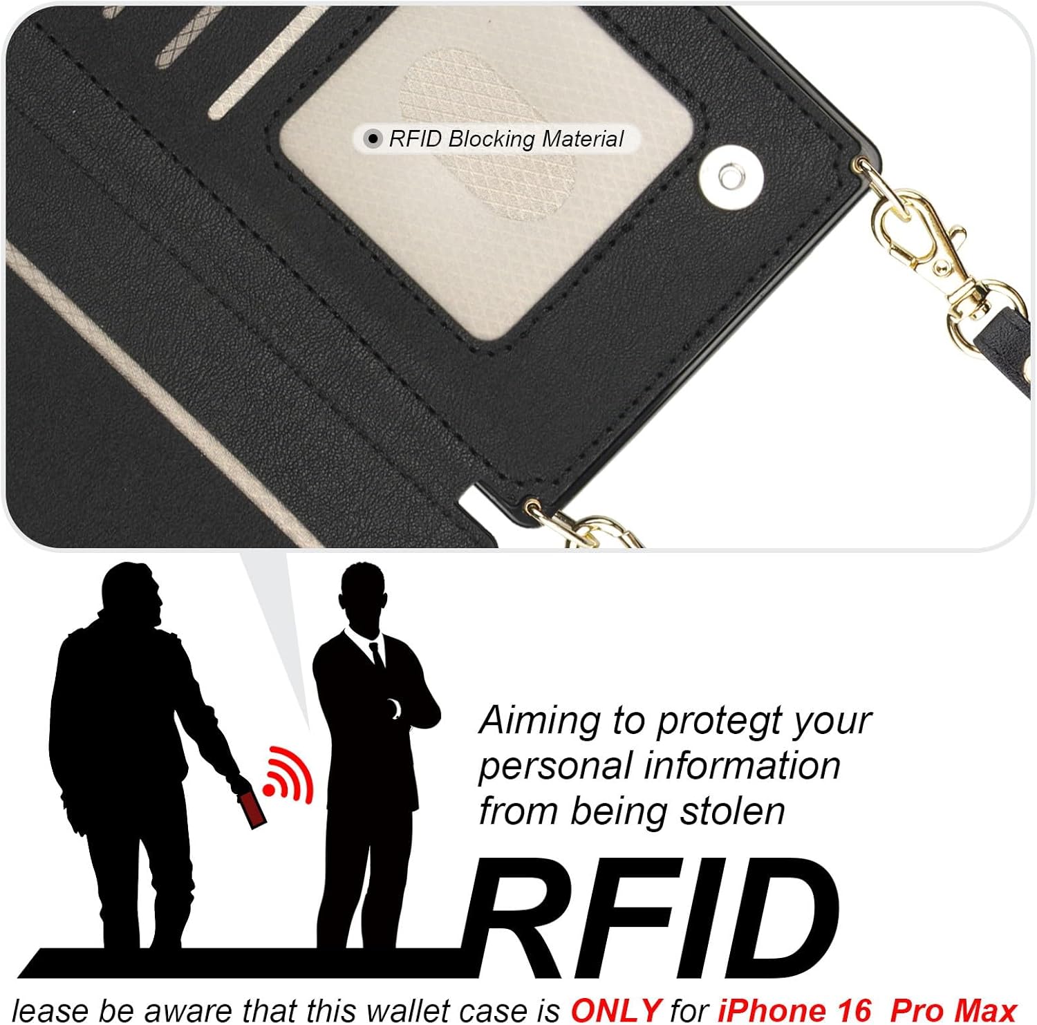 Bocasal Crossbody Wallet Case for iPhone 14 Pro Max with RFID Blocking Card Slot Holder, Magnetic Flip Folio Purse Case, PU Leather Zipper Handbag with Detachable Lanyard Strap 6.7 Inch 5G (Black) - Image 4