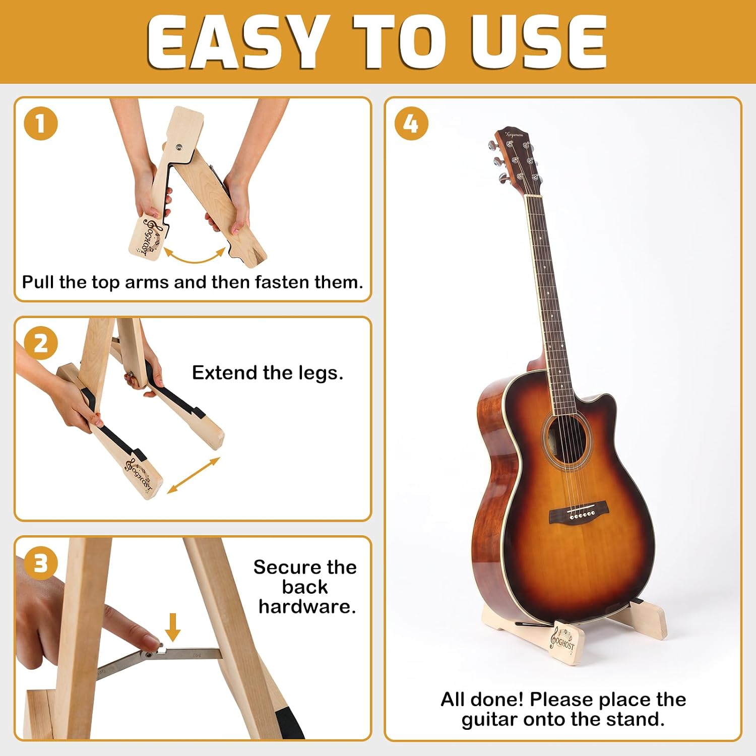 Wooden Folding Acoustic Guitar Stand, Natural Color