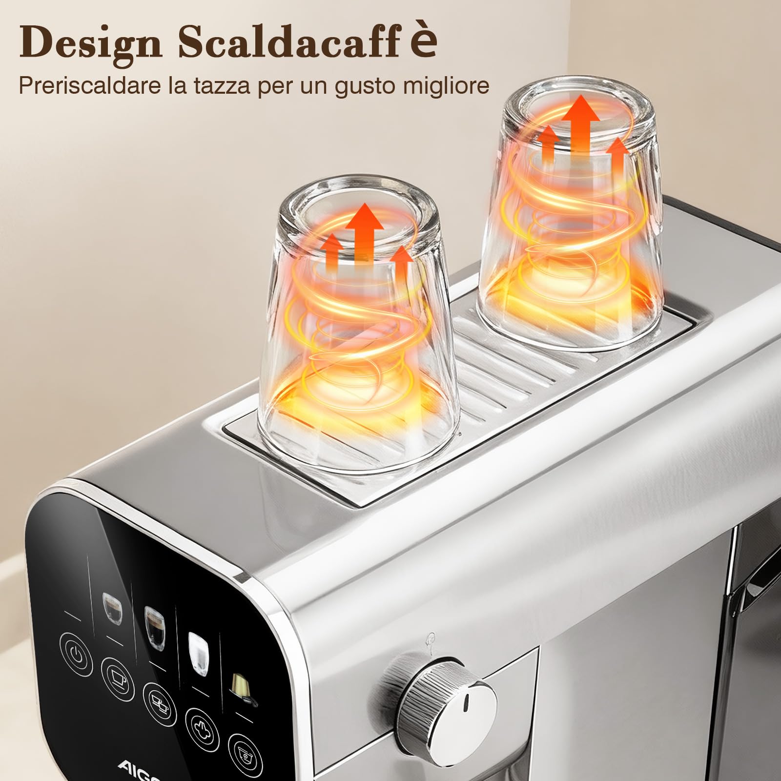 Aigostar Macchina Caffè Espresso 20 Bar per Capsule e Caffè Macinato, 0,9 L | Portafiltro, Schermo touch, con vaporizzatore latte, 1 o 2 tazze, 1350 W, inox, ideale per Espresso, Cappuccino e Latte