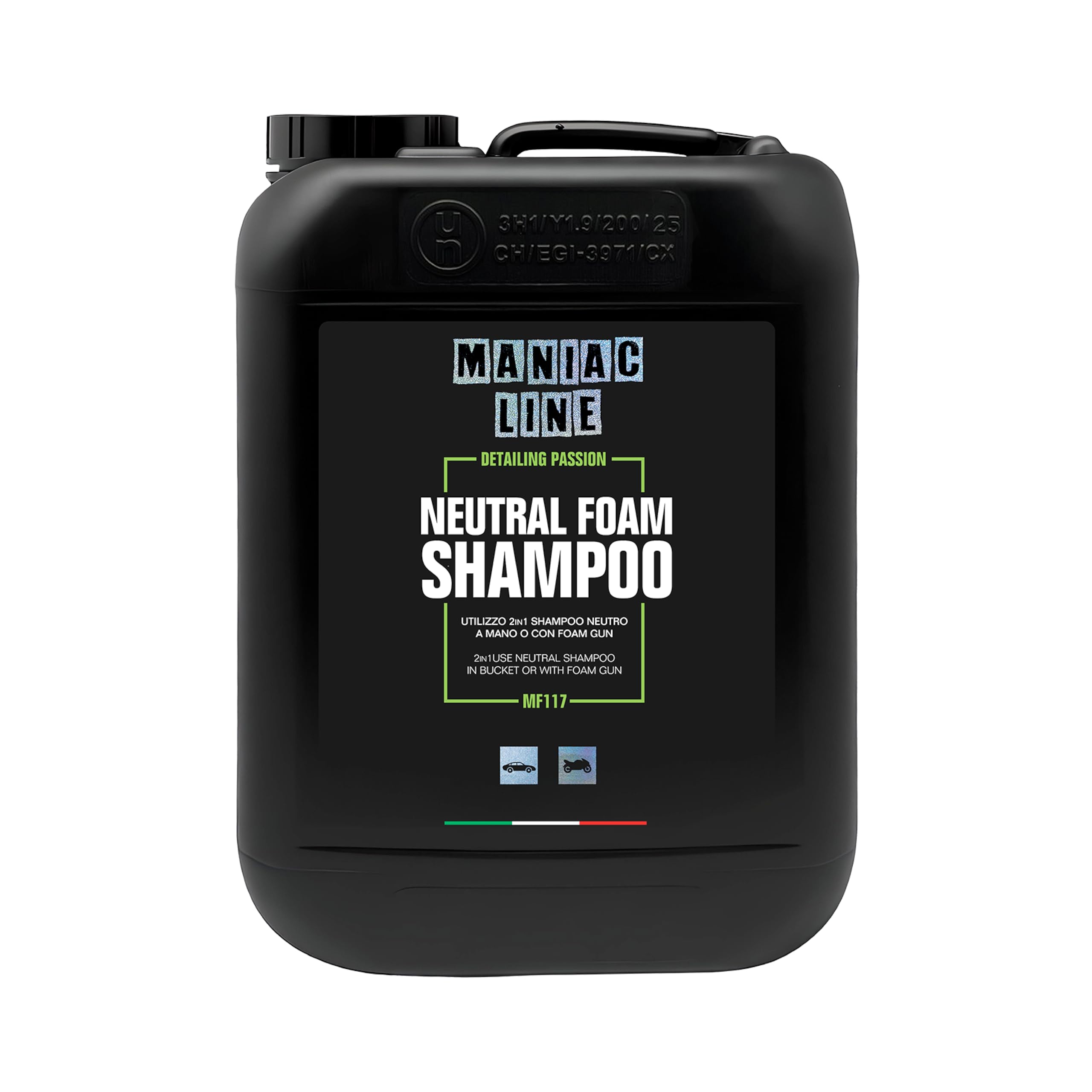 Mafra - Maniac Car Detailing Line, Formato 5L, Neutral Foam Shampoo, Shampoo Auto Neutro 2in1 Concentrato, per un Lavaggio Auto a Mano con Tecnica 2 Secchi o Prelavaggio Auto con Foam Gun