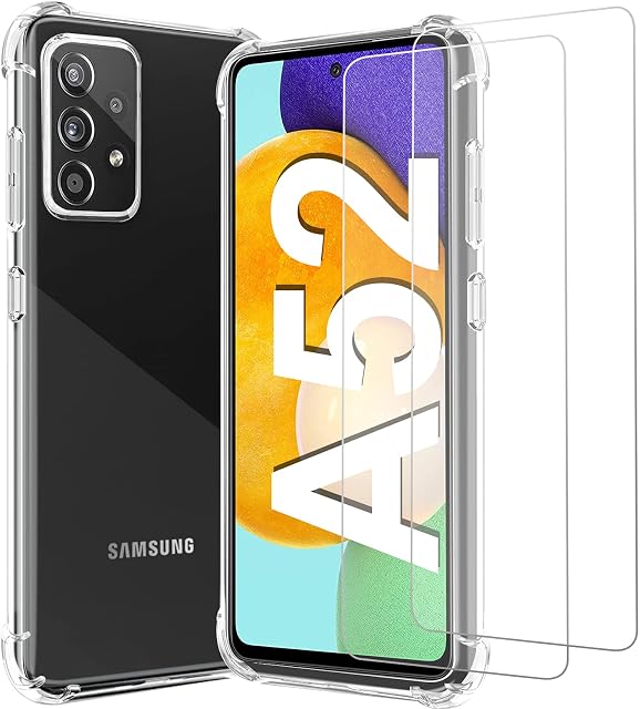 XIQUTOA For Samsung A52 5G/A52S 5G Case with 2 x Tempered Glass Screen Protector,Galaxy A52 4G/A52 5G/A52S 5G Clear Phone Case,Shockproof Cover,Anti-Scratch Shock Absorption Phonecase,6.5 Inch
