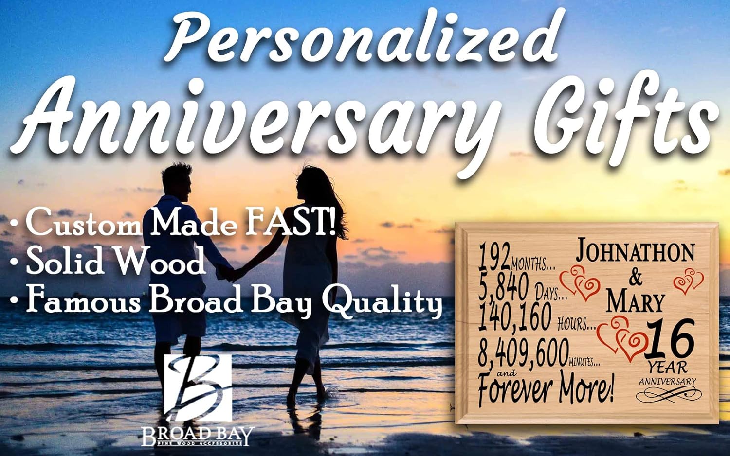 16th Anniversary Sign Gift Personalized 16 Year Wedding Anniversary Present for Wife Husband Couple - Solid Wood - Made in the USA