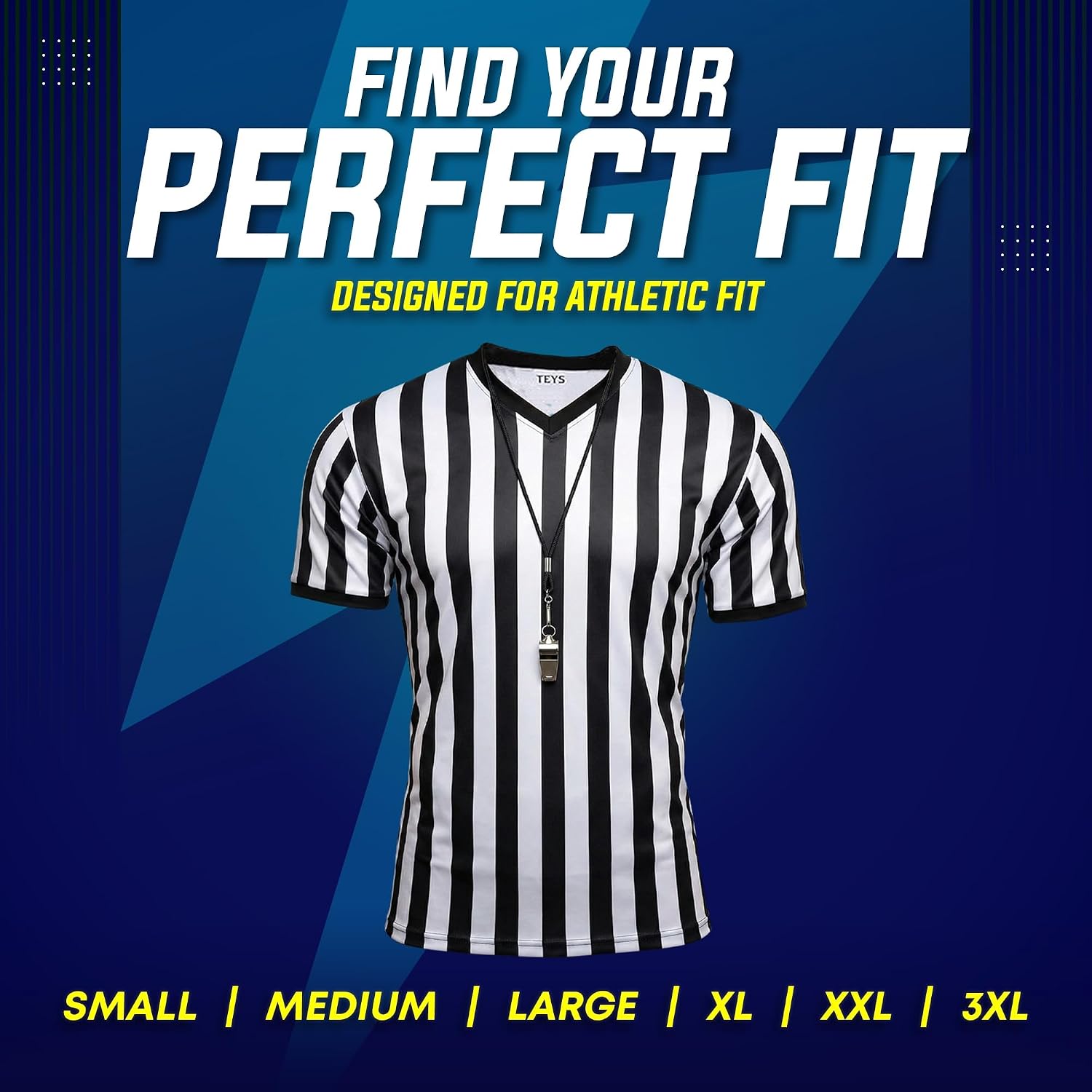 Teys Men's V-Neck Referee Shirt and Whistle Set, Official Striped Ref Jersey for Football, Basketball and Volleyball