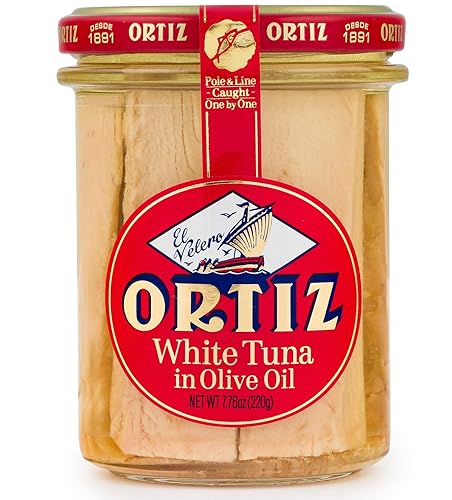 Ortiz Atún en aceite de oliva, tarro de vidrio de 7.76 onzas | Atún superior en aceite de oliva | Atún blanco Ortiz en aceite de oliva [7.76 oz/220