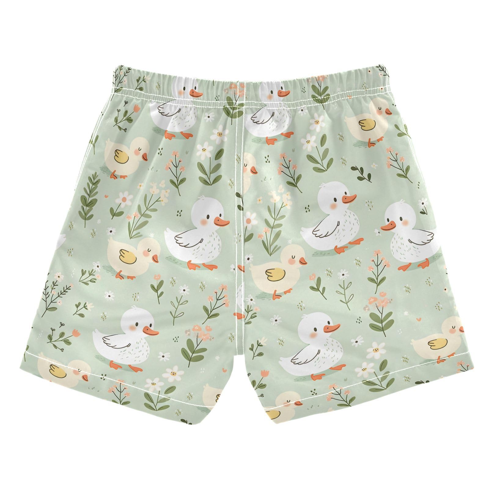 ALAZA Cartoon Duck Green Leaves Flower Boys' Swim Trunks Beach Shorts Quick Dry Swimsuit 4T