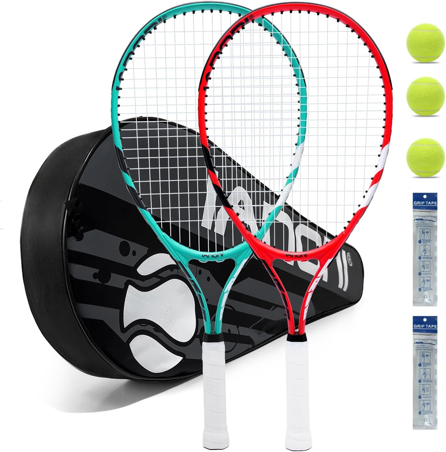 Tennis Racket for Kids 23'' Kid's Tennis Racquet Set of 2-2 Chird Tennis Rackets with 3 Balls,2 Grips,2 Vibration Dampers Red and Green