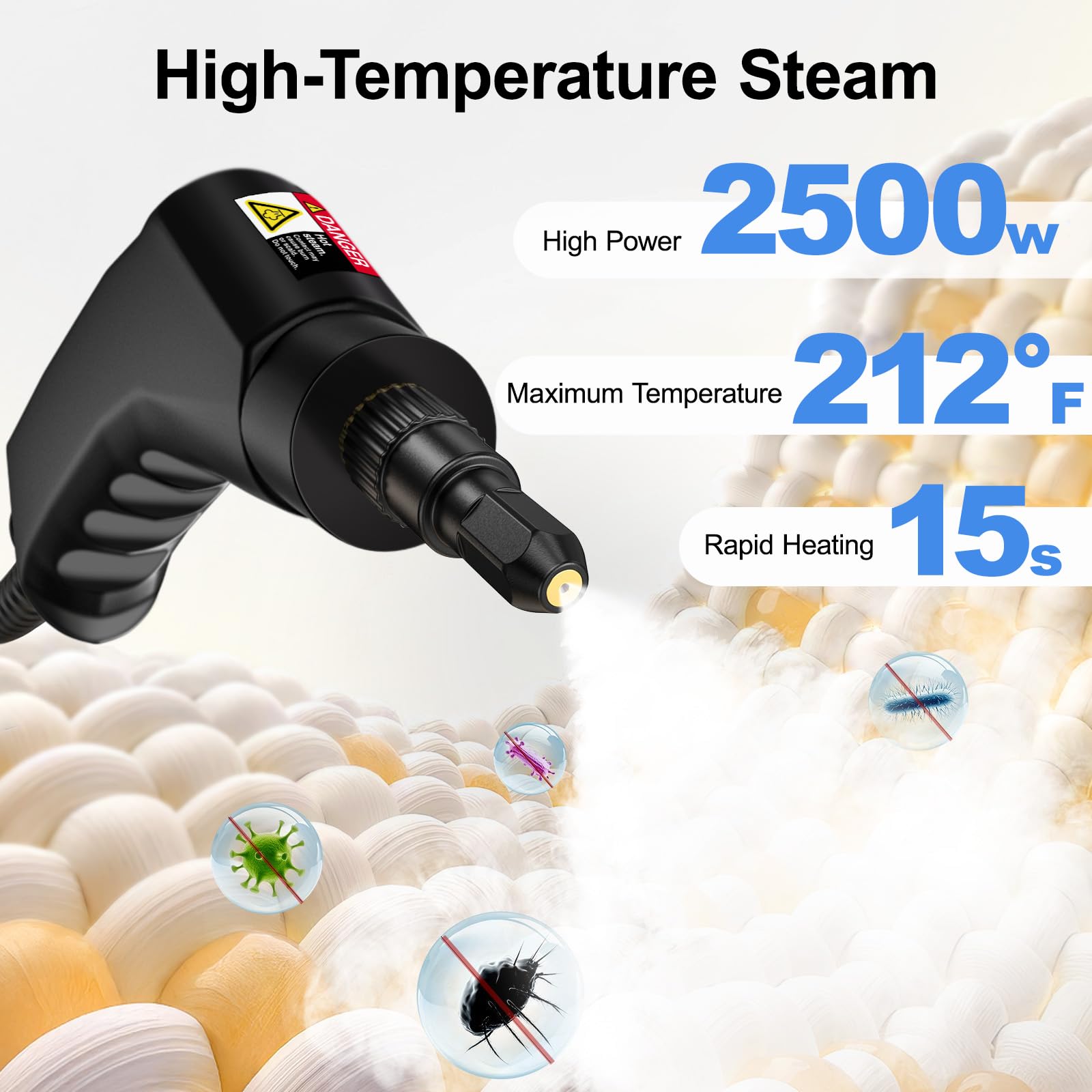 Limpiador a vapor 30 segundos de tiempo de calentamiento, depósito de agua de 1,2 l, 20 accesorios para suelos, ventanas, baño, sin productos químicos, certificado GS (blanco)