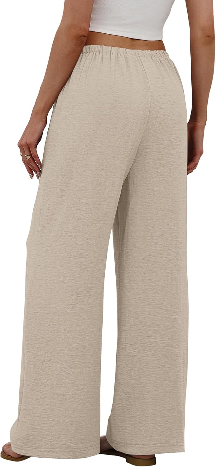 Sampeel Wide Leg Pants for Women Flowy Palazzo Drawstring Elastic Waist Trousers with Pockets Summer Beach Vacation Clothes - Image 5