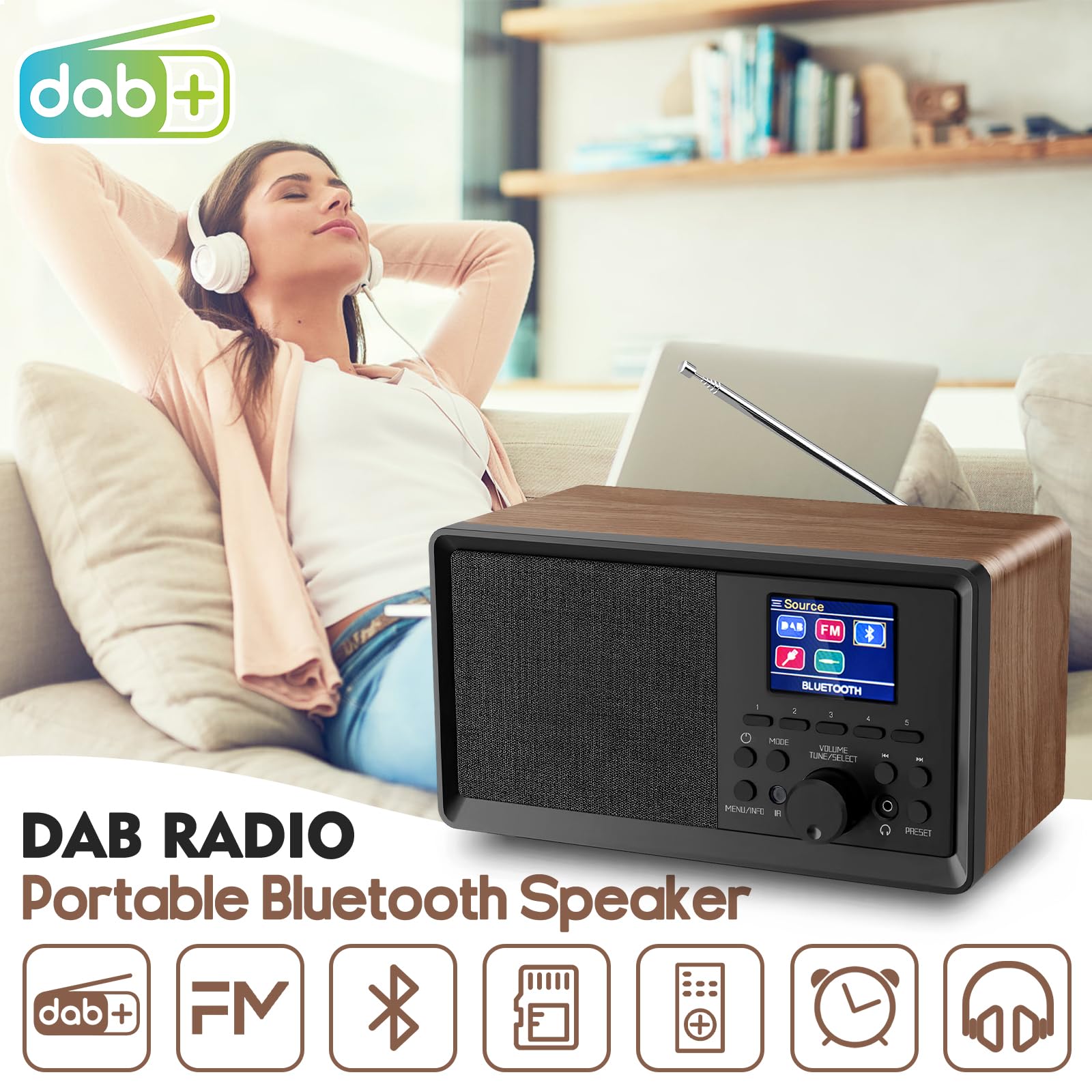 Wholede Radio Portable Dab/Dab+/FM avec Bluetooth 5.0, Écran Couleur 2,4", Double Alarme, Connexion USB/AUX