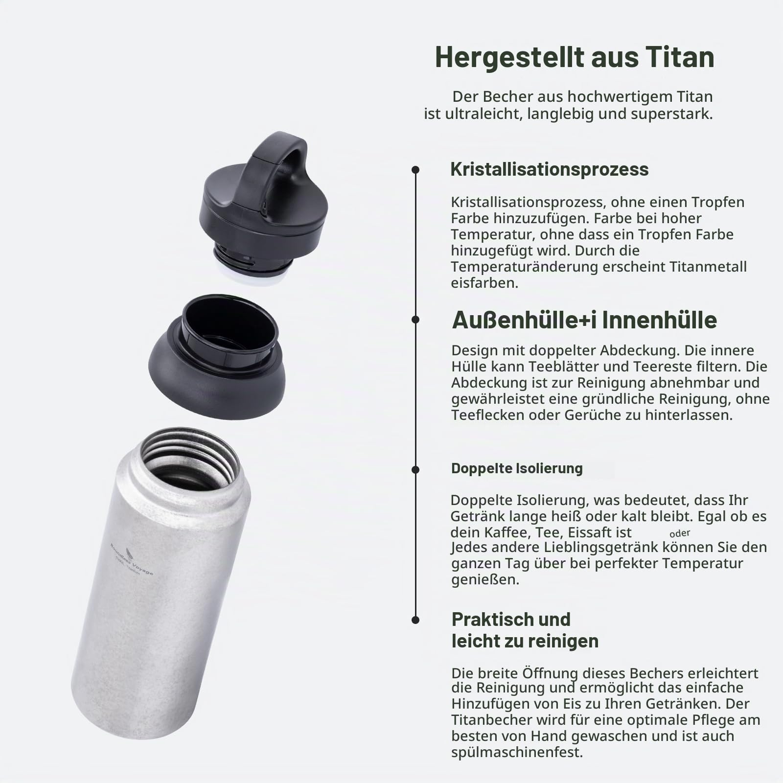 iBasingo 600ml Titan Vakuumflasche Doppelwandige Isolierte Flasche Tragbare Wiederverwendbare Reise Halten Heißes & Kaltes Wasser Kaffee Tee Becher Ti3010D