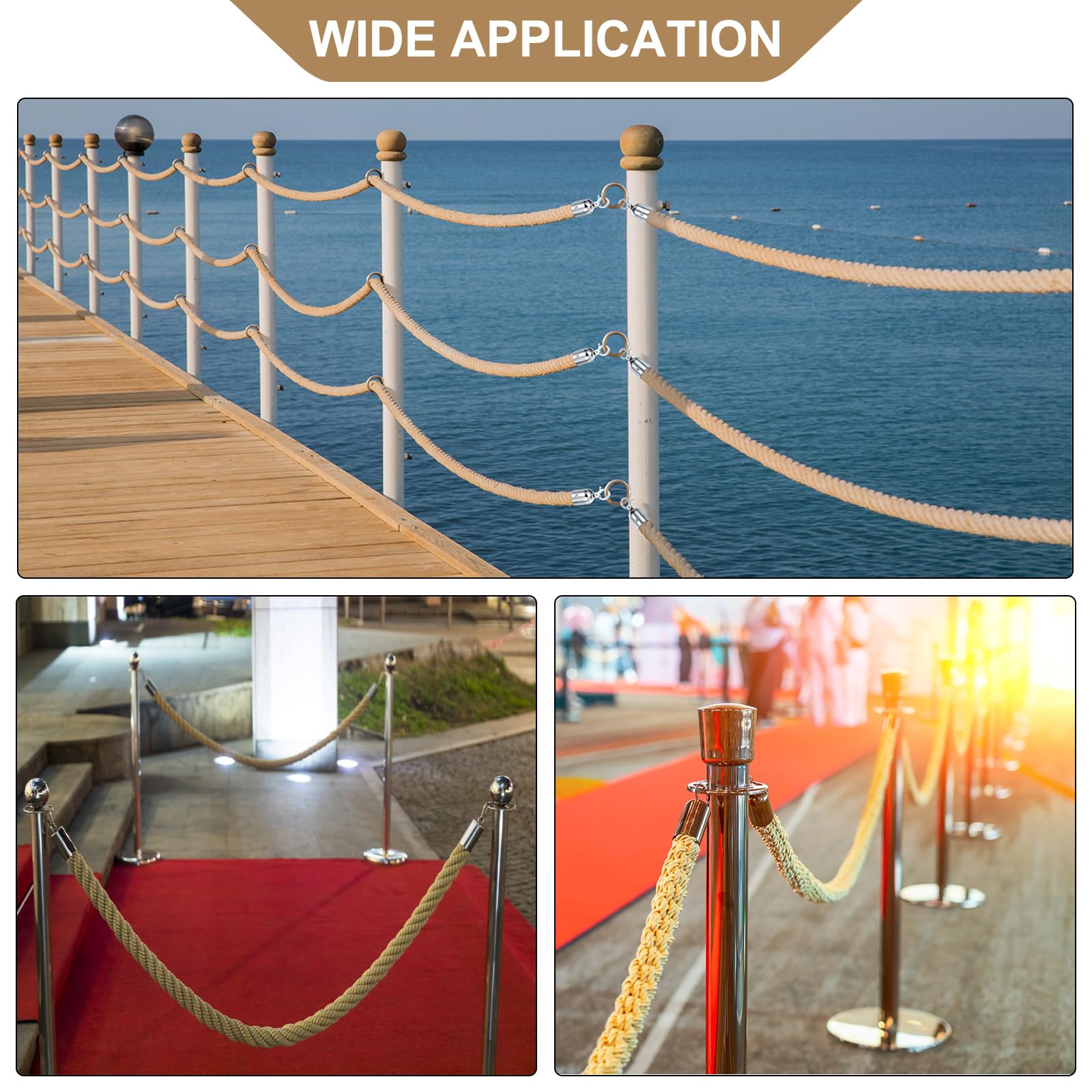 QUARKZMAN Absperrseil Juteseil 3 Meter x 28mm Handlaufseil Sicherheits Absperrkordel Geflochtenes Juteseil mit Karabinerhaken Absperrseile für Warteschlangen KinoHotel Feiern