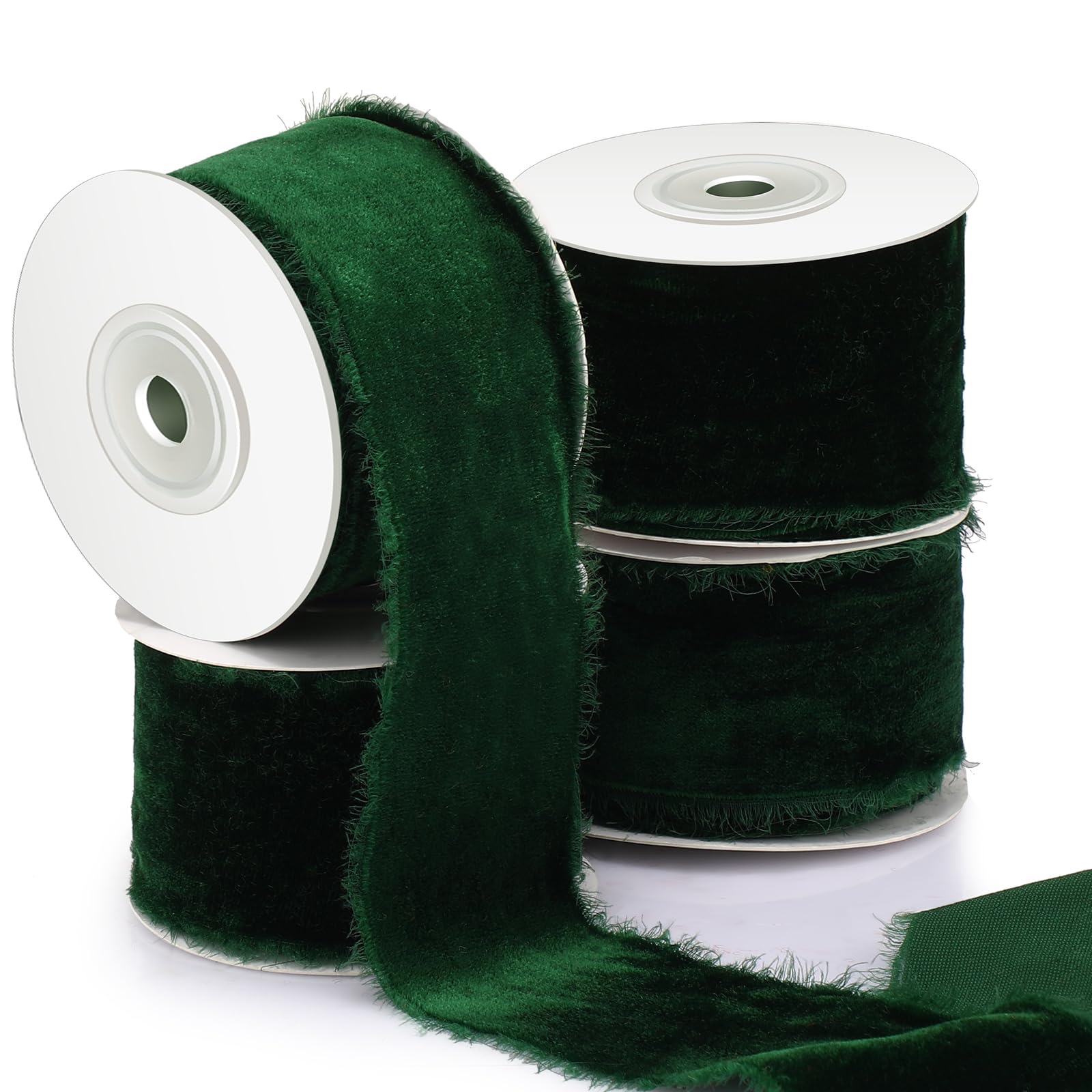 Preboun 4 Rolls Christmas Velvet Ribbon for Gift Wrapping 24 Yards Total Frayed Edge Velvet Silk Ribbon for Christmas Wedding Baby Shower DIY Crafts Decor(Dark Green,2 Inch)