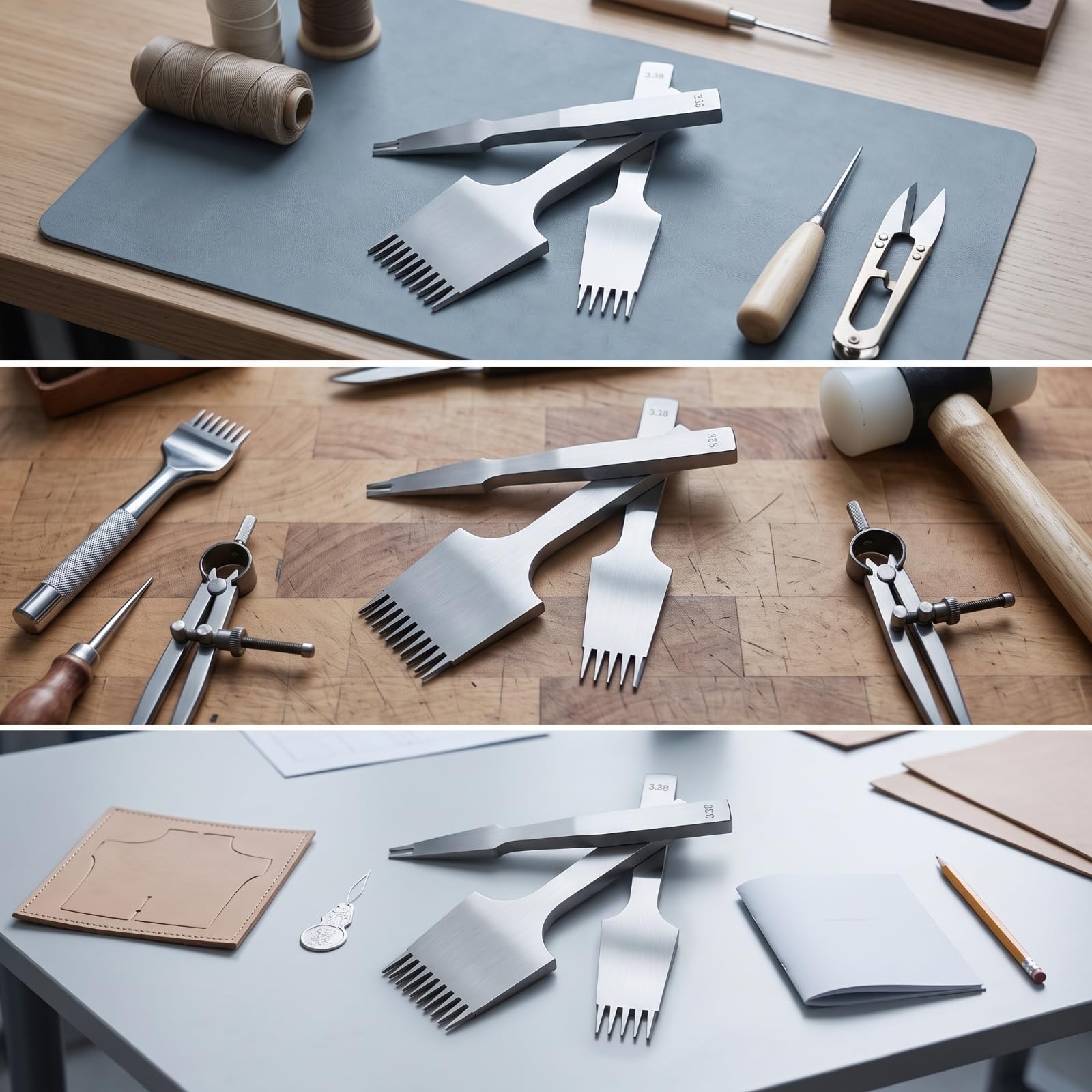 Punch Set Set Punteruolo Forchetta Alesatore Scalpello in Acciaio Inox Perforazione Precisa 338mm per Cuciture Pulite E Allineate Adatto a Artigiani Del Cuoio Fai da Te Riparazioni