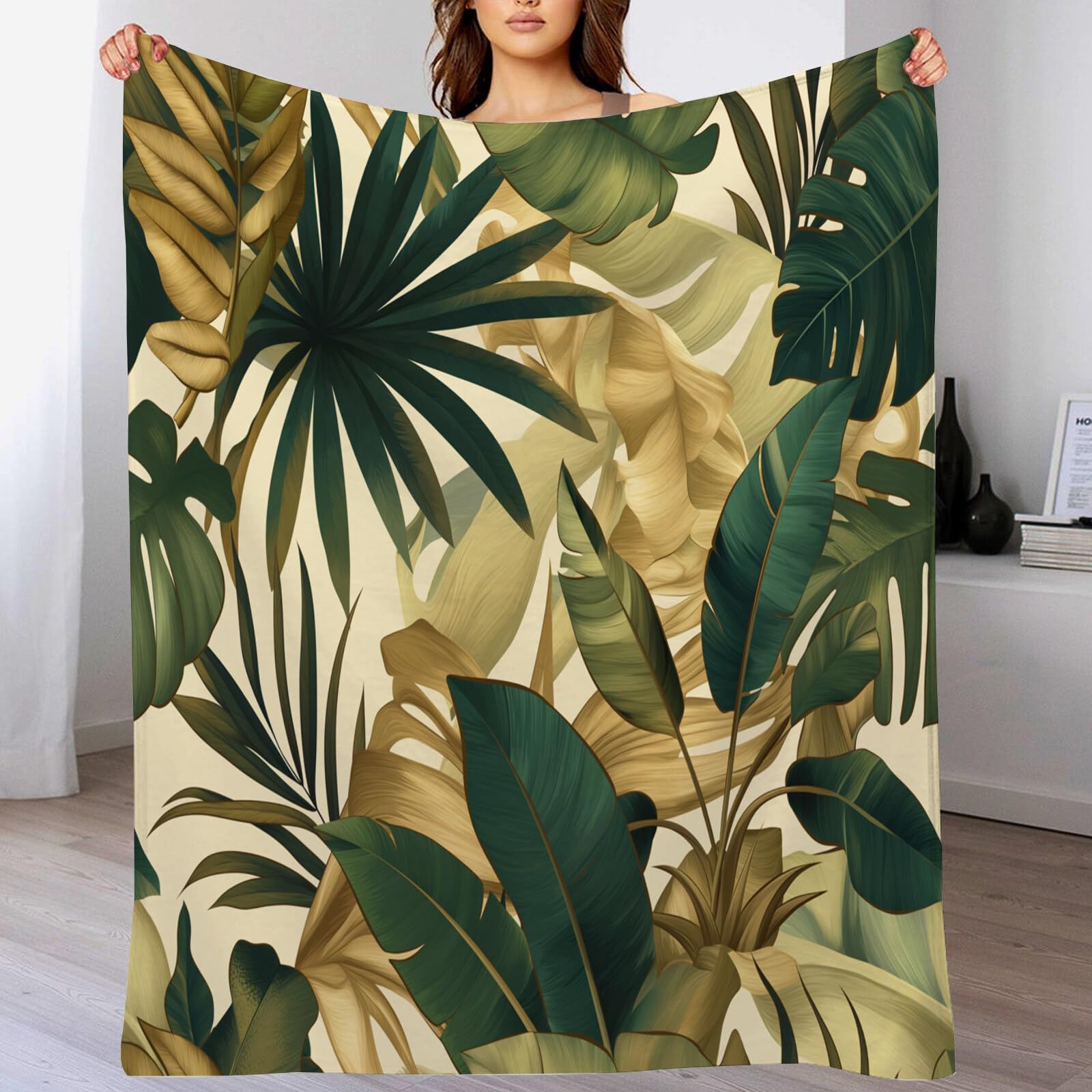 Plaid Polaire Feuillage Dense Couverture Polaire Sherpa,Moelleuse Douce Chaude Vert Brunâtre Jeté De Canapé,Couvertures Lit 220X240Cm Jungle Tropicale pour Enfants Bébé Adultes