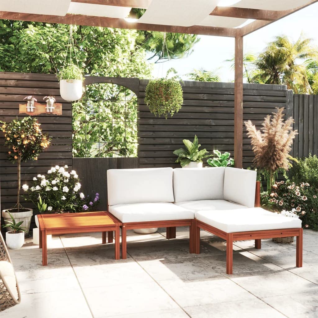 Hothingwell - Salón de jardín de 4 piezas, madera acacia crema cuerda | Respaldo de cuerda trenzada, pino macizo duradero, diseño modular, cojín de goma incluido