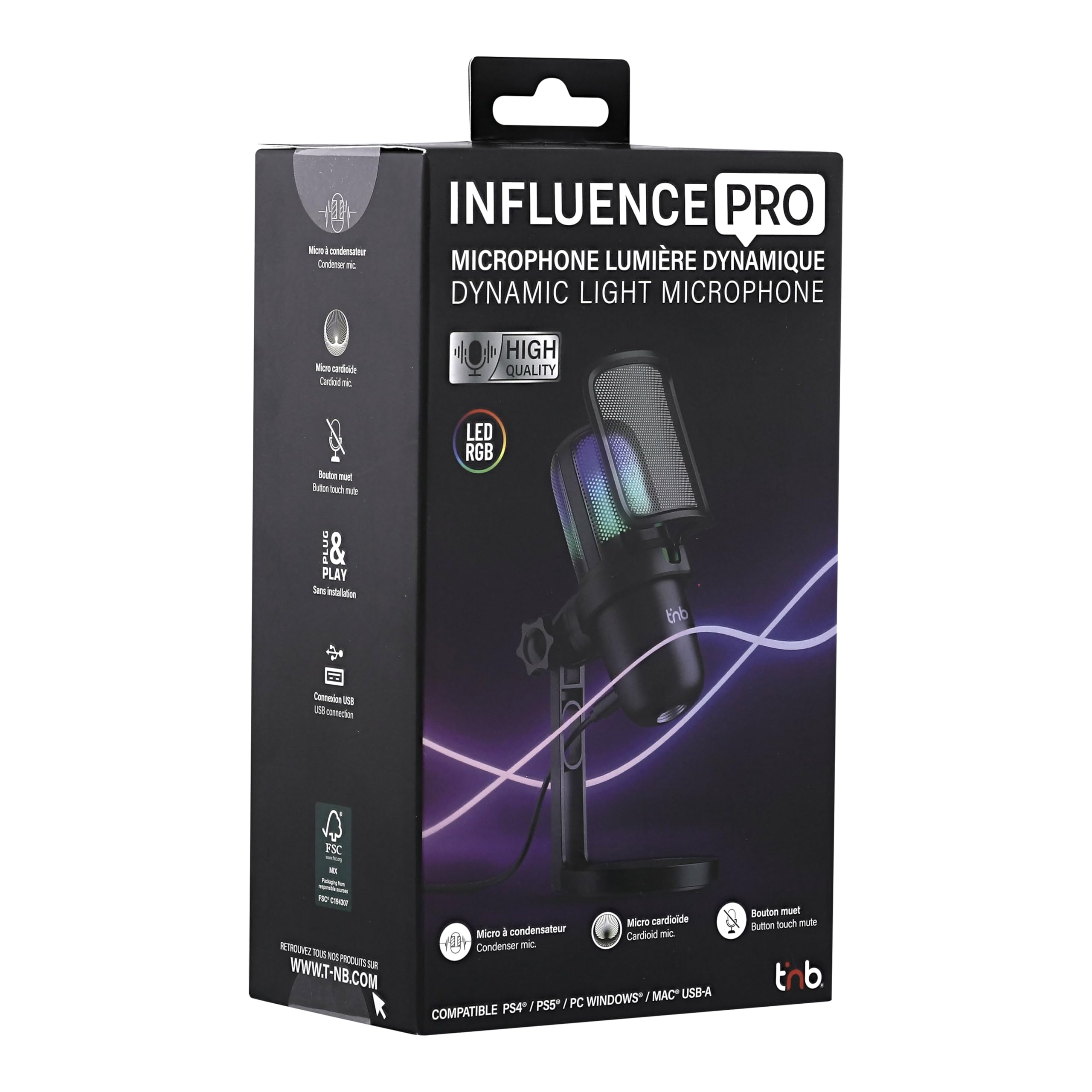 T'nB - Microphone USB à Condensateur pour PC et PlayStation PS4/PS5, Microphone Gaming Lumière RGB, Streaming et Podcast, idéal Youtube, Twitch, Discord et Jeux Vidéo - Noir