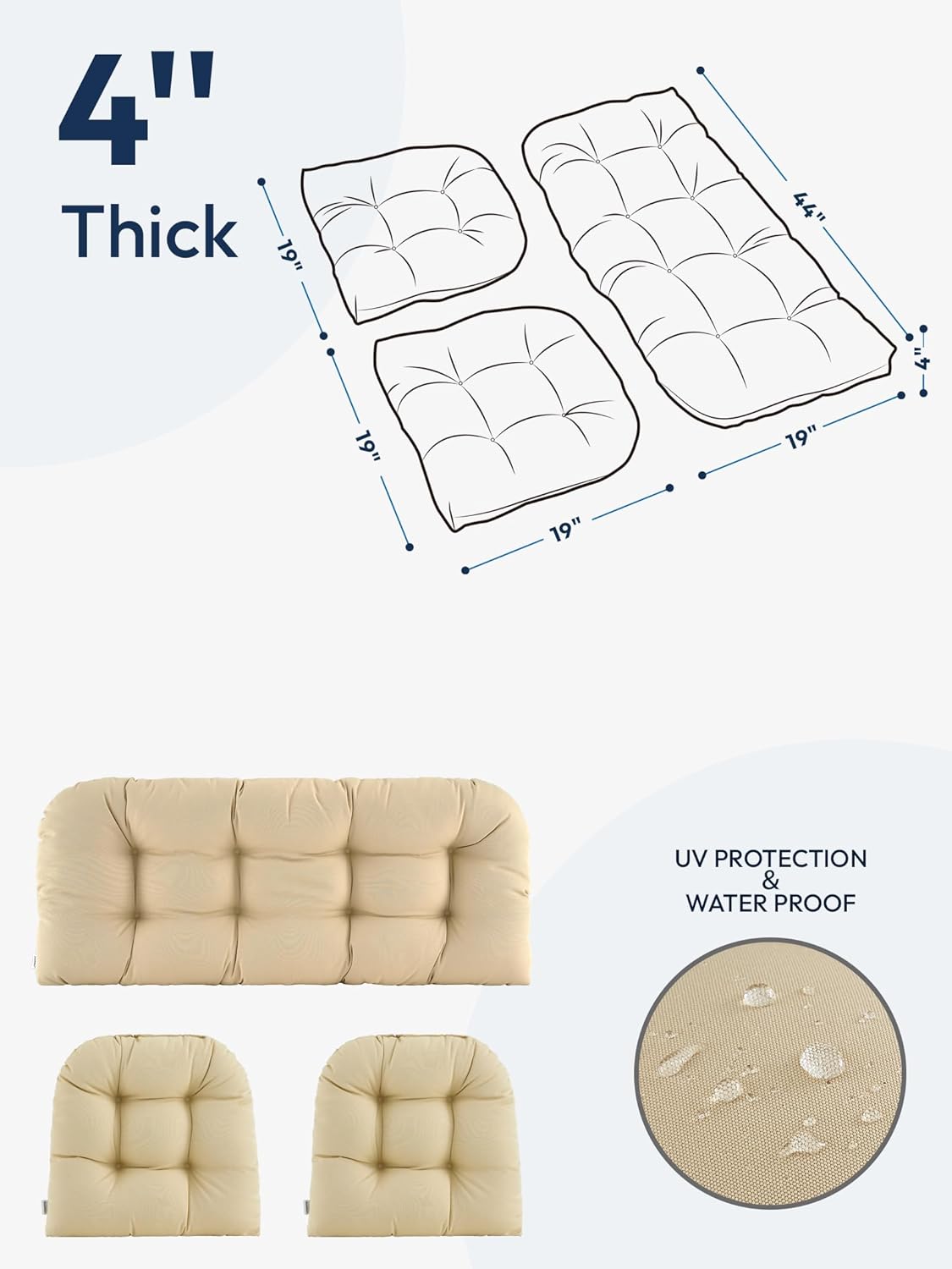 Wicker Chair Cushions of 3 Pieces & High Back Chair Cushion, Beige