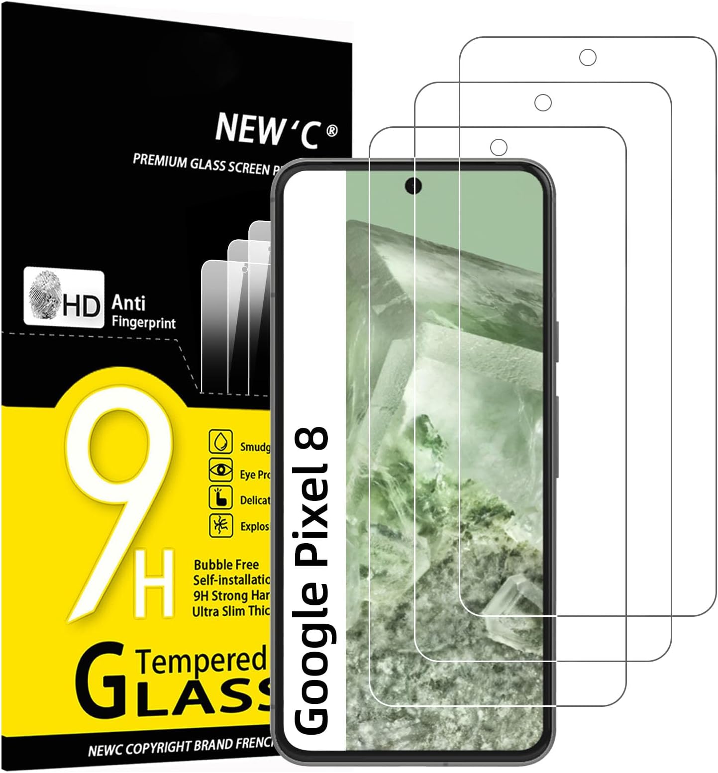 NEW'C Pack of 3 for Google Pixel 8 for Tempered Glass, Scratch Free, 9H Hardness, HD Screen Protector, 0.33 mm Ultra Clear, Ultra Resistant