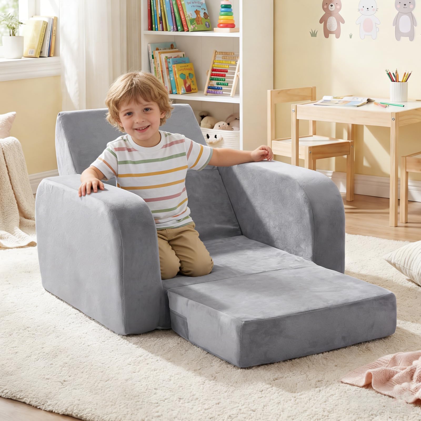 LIFEZEAL Canapé Enfant Depliant 3 en 1, Mini Canapé Enfant Pliable avec Housse Amovible en Velours Cristal, Canapé-lit en Mousse, Fauteuil Bebe pour Chambre et Salle de Jeux (Gris, Plié en 3)