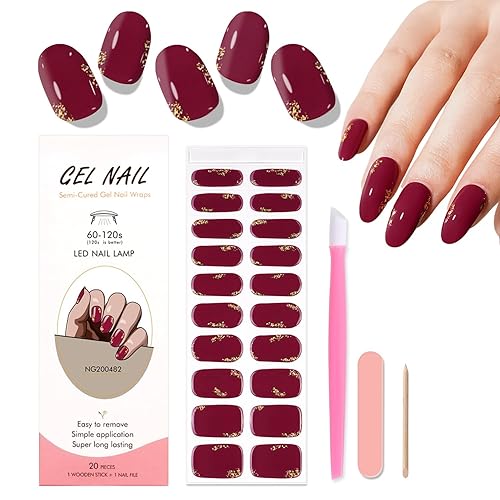WOKOTO Semi Cured Gel Nail Strips, 20 Pcs Burgundy Red