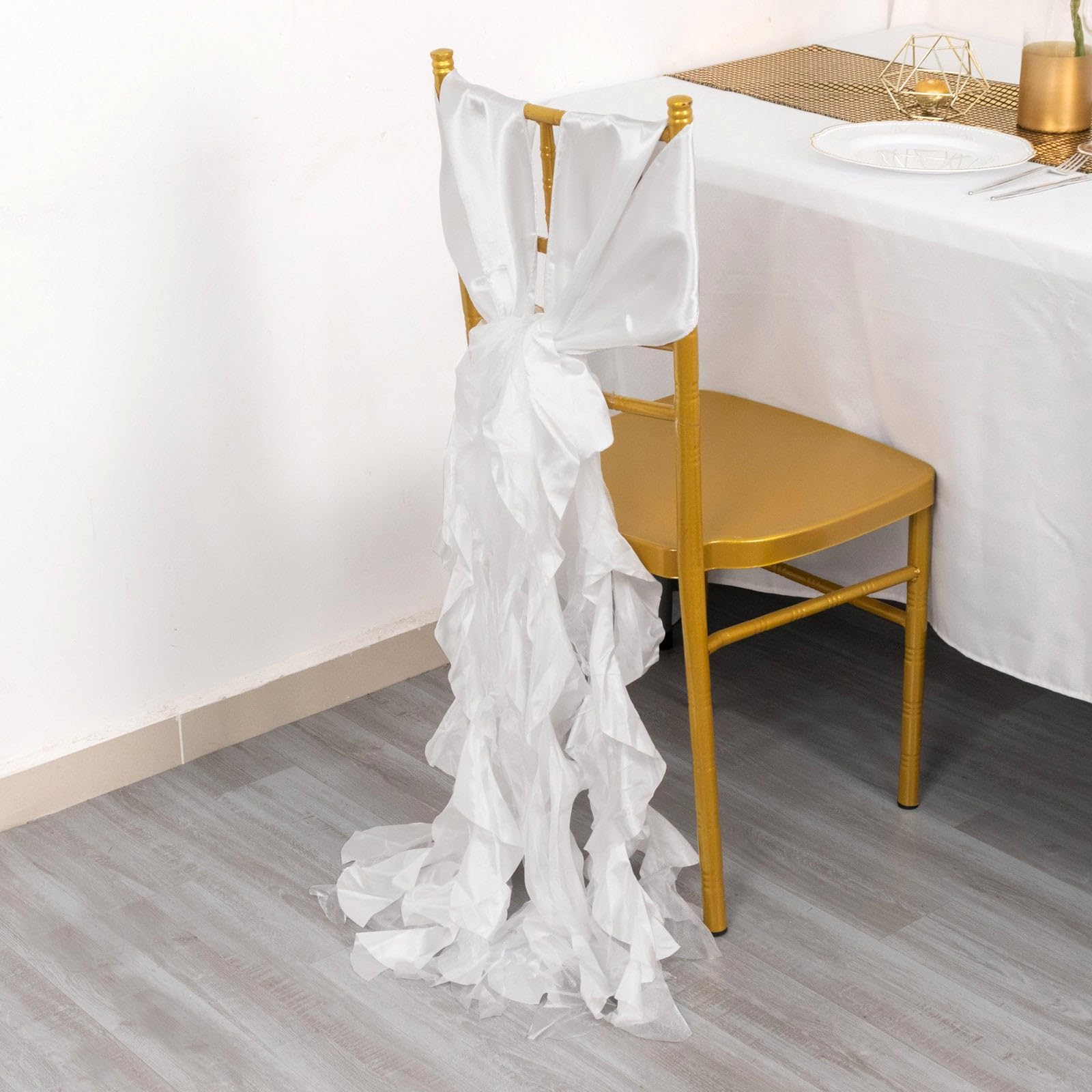 Tableclothsfactory 5 Pack White Curly Willow Chiffon Satin Chair Sashes