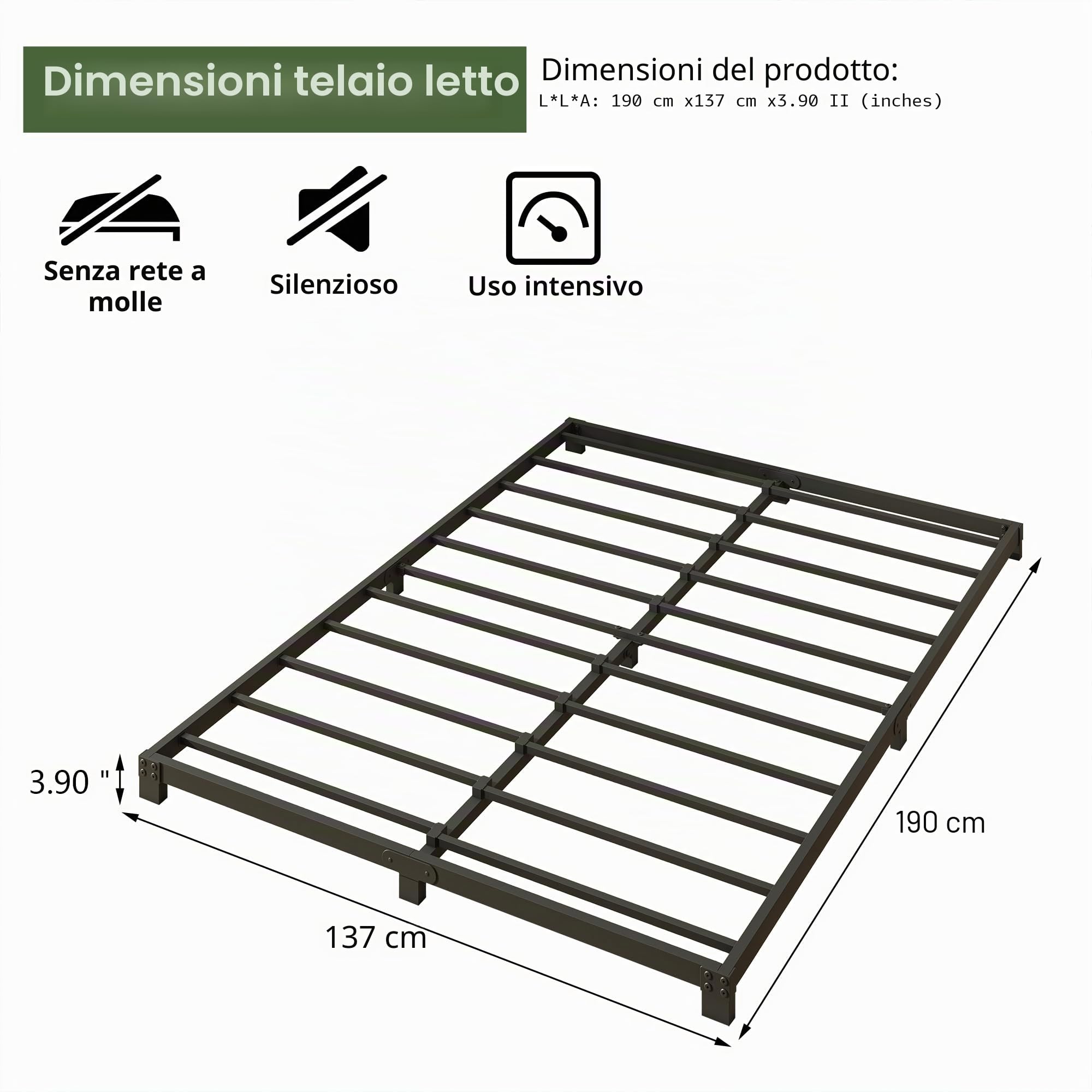 Telaio per letto matrimoniale, altezza 8 cm, struttura in metallo 135 x 190 cm, resistente, struttura letto matrimoniale con supporto a doghe in acciaio, nessuna base del letto necessaria