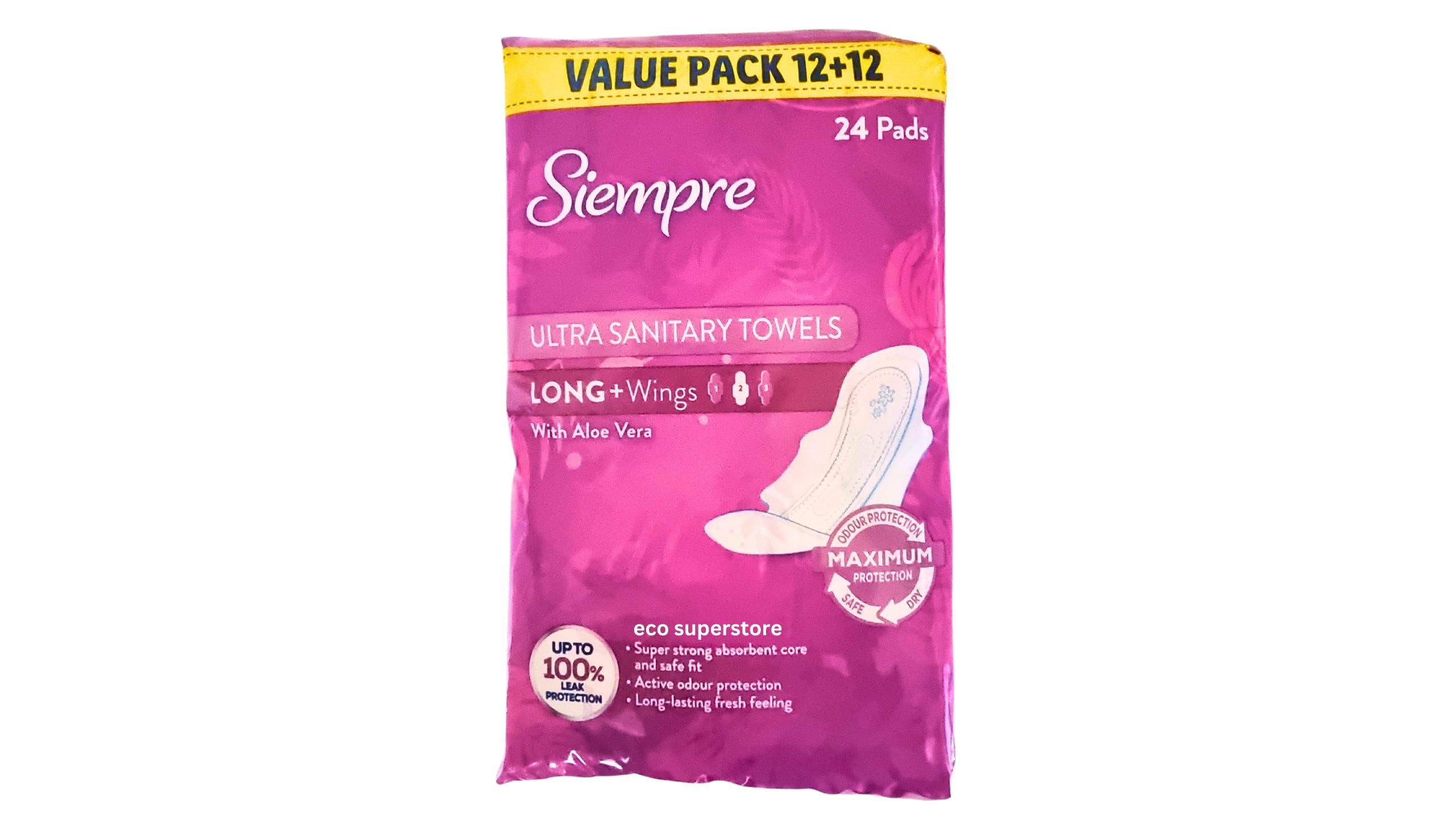 Siempre Ultra Sanitary Pads Long+ Wings with Aloe Vera Pack of 24 :  Amazon.de: Health & Personal Care