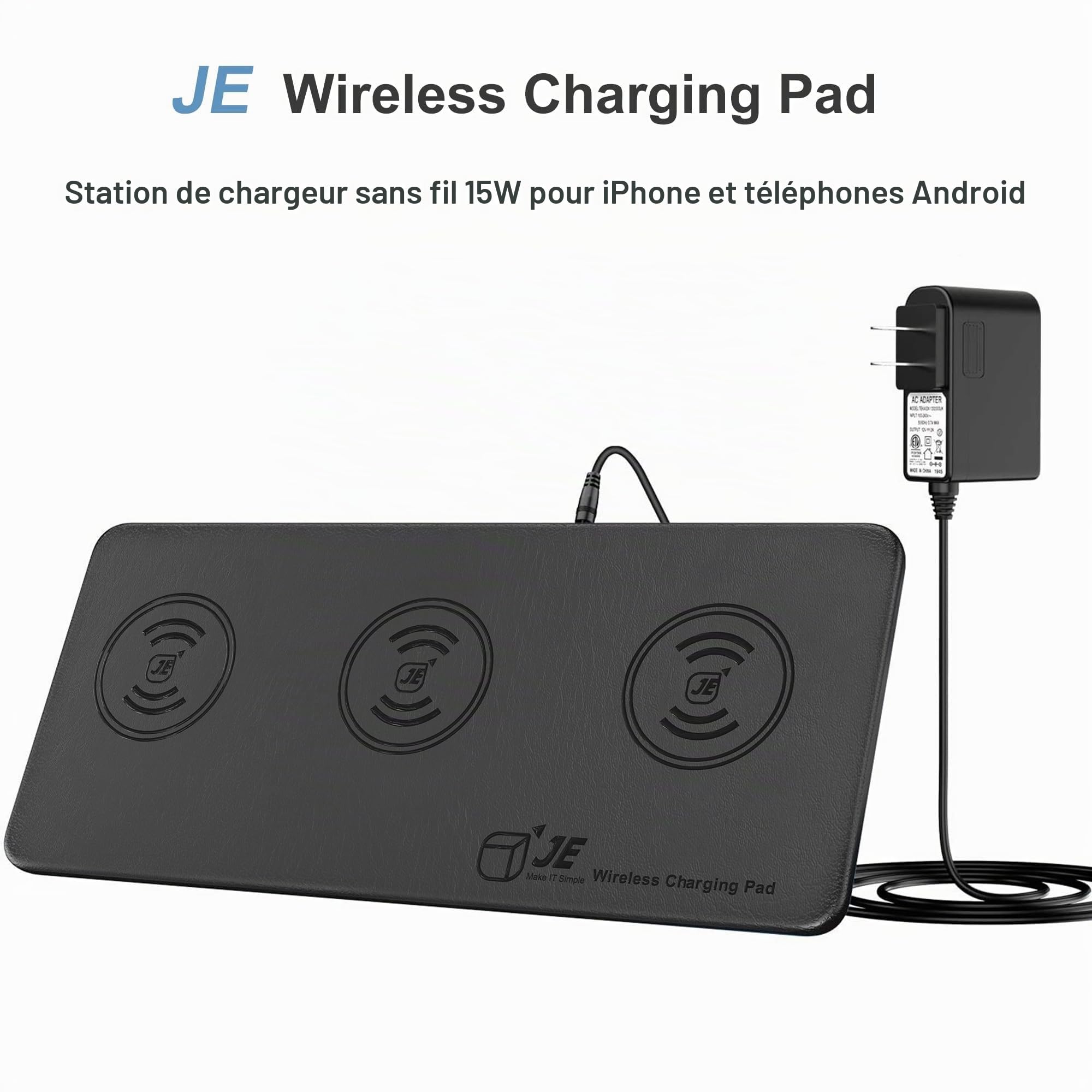 Chargeur Induction 3 en 1, Je 15W Wireless Charger Pad for iPhone 16/15/14/13/12/Pro/Max/Plus, AirPods 3/2 Pro, Station de Charge Maison/Bureau Chargement sans Fil(‎Noir)
