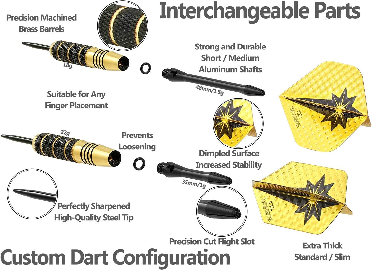 CC-Exquisite Professional Darts Set - 6 Steel Tip Darts Complete with 12 Dart Flights and 12 Aluminum Shafts Customizable Configuration, 12 O-Rings, Tool, Sharpener and Case for Man Cave & Game Room