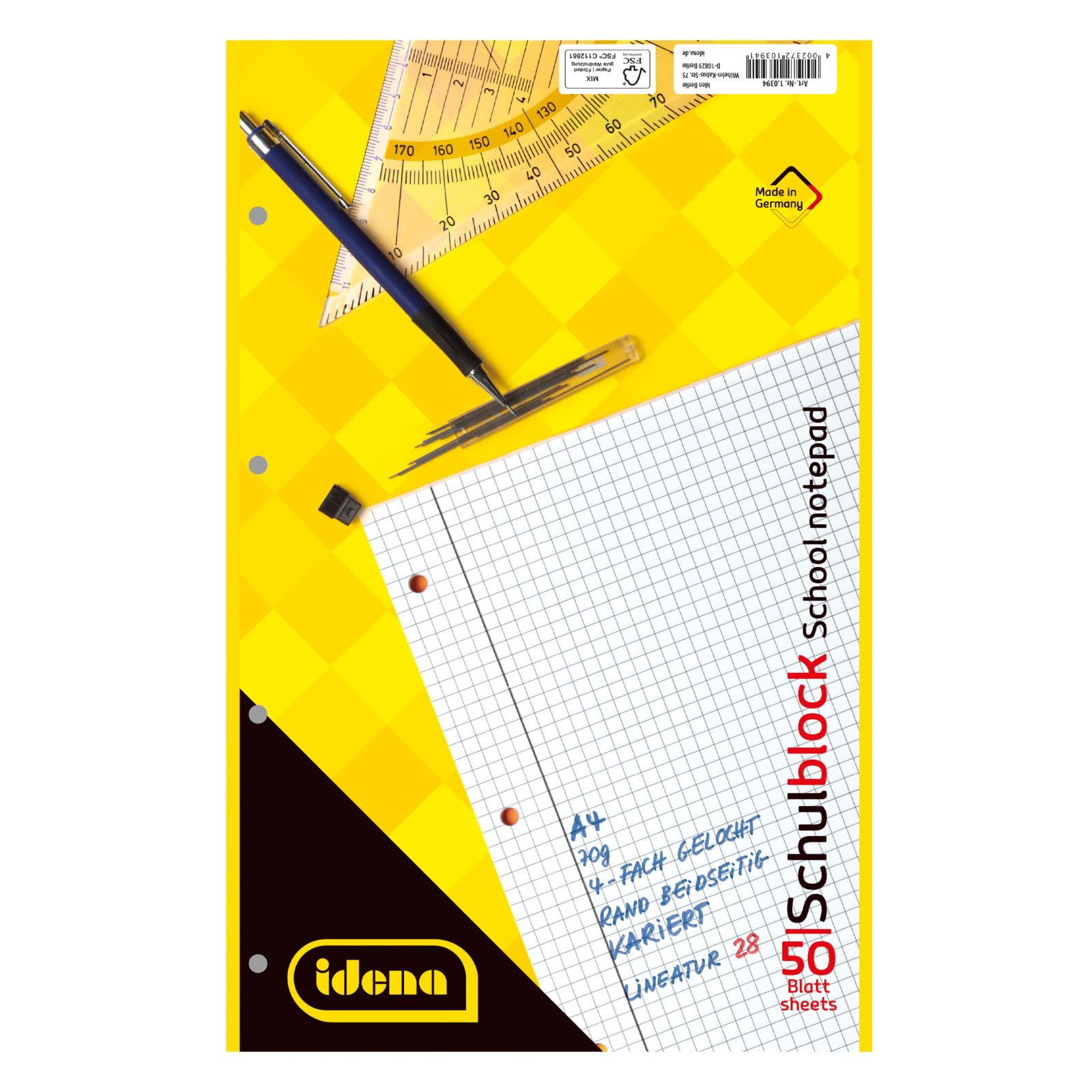 Idena 90388 - Blok, kareli A4, 10 adet, 50 yaprak ve çift kenarlı okul defteri, 70 g/m² kağıt, 4 kat delikli ve baş yapıştırılmış