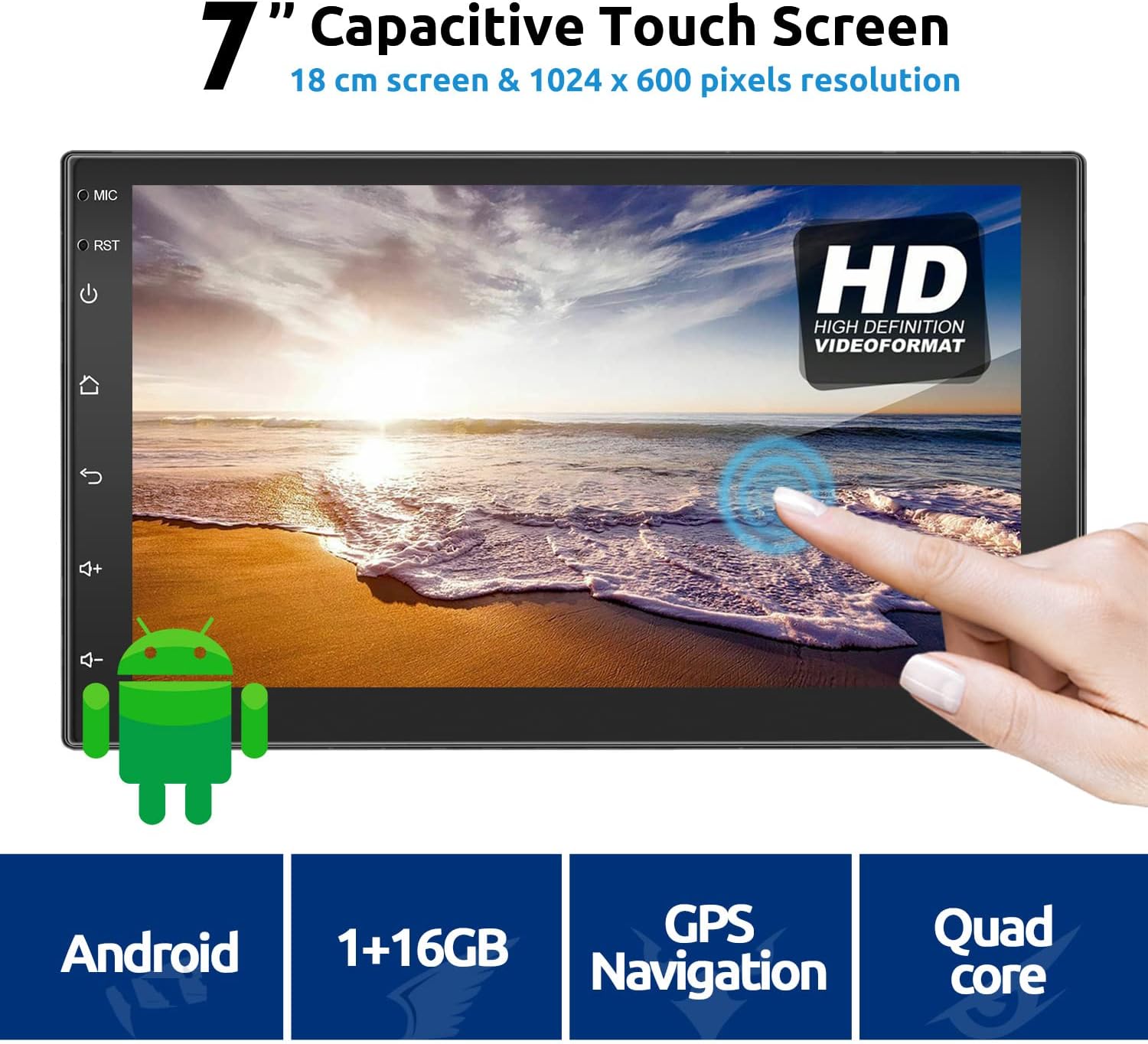 Front view of the ESSGOO 7-inch capacitive touch screen car stereo, displaying a high-definition image and highlighting Android OS, 1GB RAM + 16GB ROM, GPS Navigation, and Quad-core CPU.