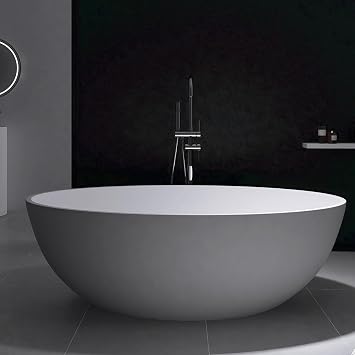67" x 39" Freestanding Solid Surface Resin Stone Bathtub, Modern Design Stand Alone Tub with Pop Up Drain and Overflow, Matte White 301MW1700