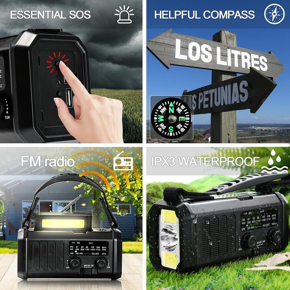 Radio Meteorológica de Emergencia FM/Am/, Radio Portátil con Manivela, Linterna, Energía Solar de 10000 MAh para Acampar Al Aire Libre