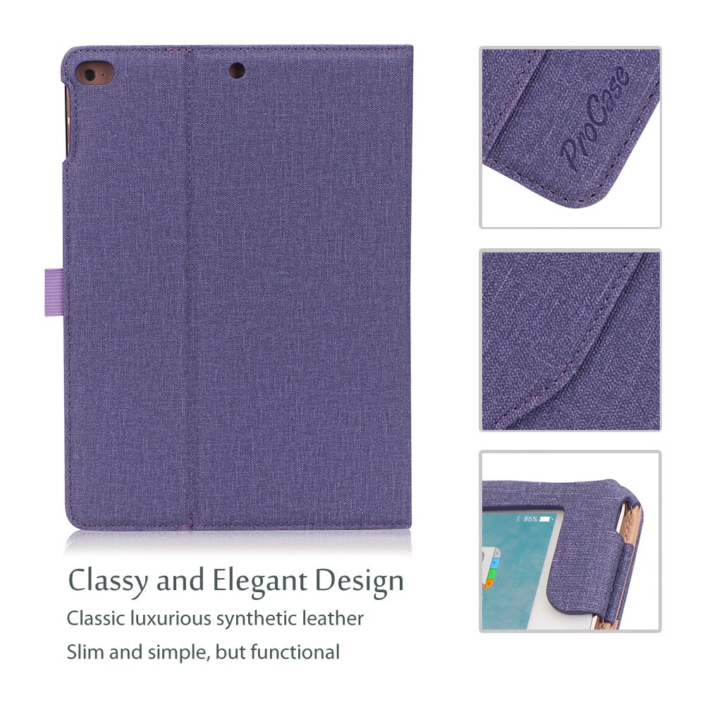 ProCase Skórzane etui z uchwytem na rysik do iPad 9,7 cala 2018/2017 (6. 5. generacji), iPad Air 2, iPad Air, etui ochronne ze skóry PU, z klapką z wieloma stojakami do iPad 9,7 cala, fioletowe