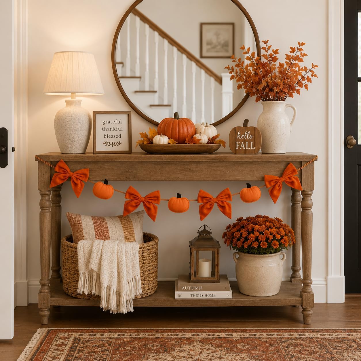 Fall Decorations for Home 6Ft Pumpkin Garland with Velvet Bows