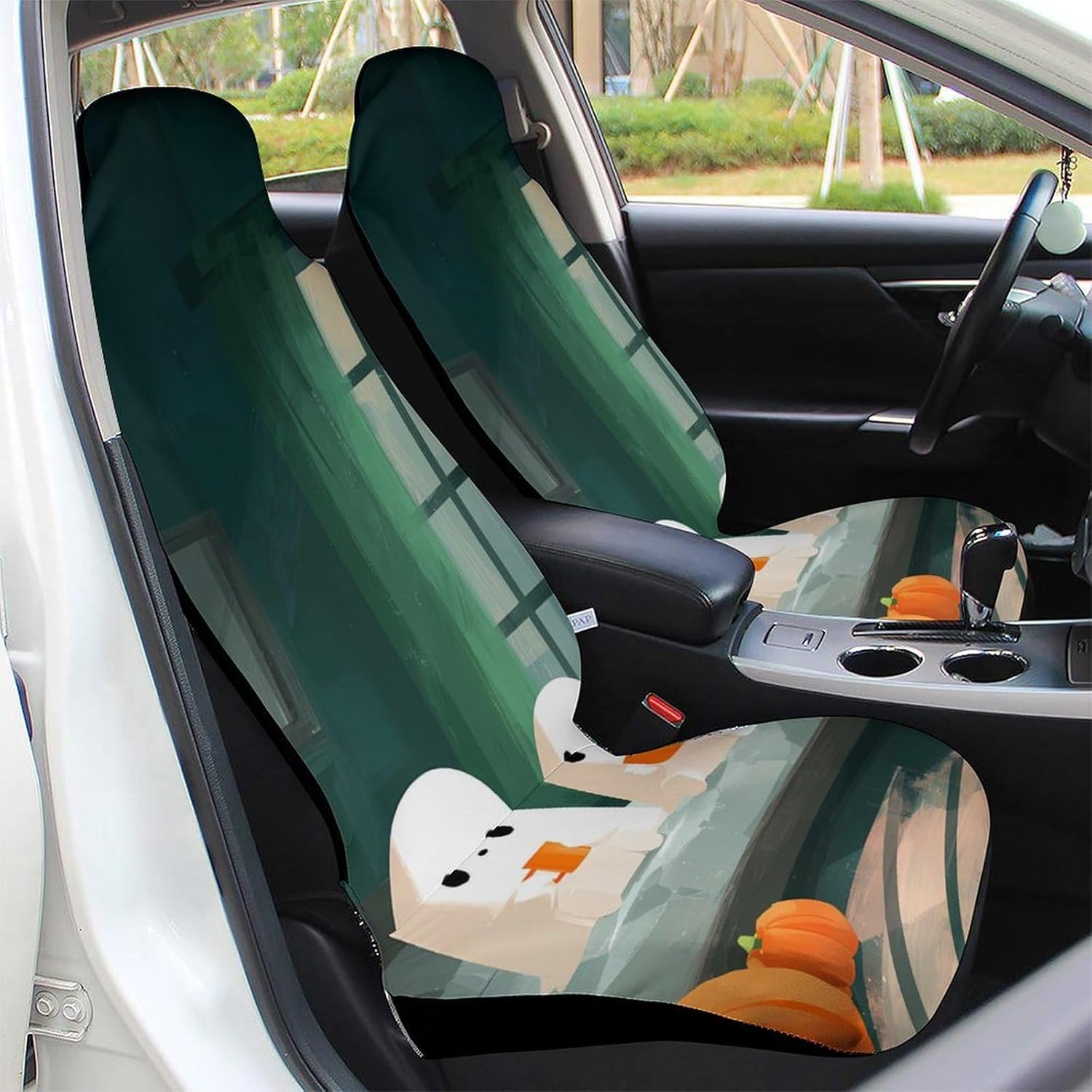 Ghosts Pumpkins Drinking Coffee Car Seat Protector Front Seats Universal Fit Automotive Accessories