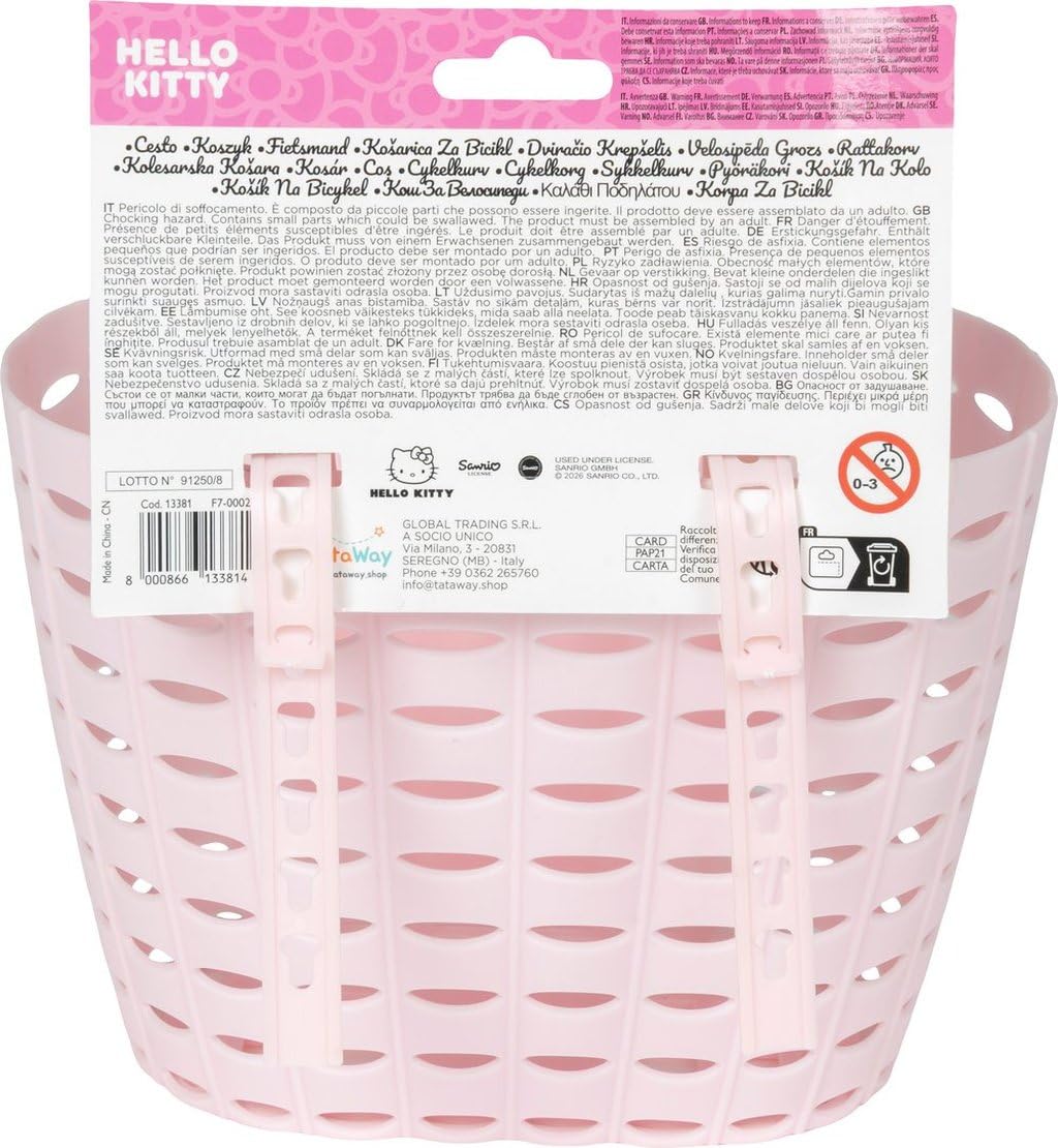 Cestino Bici Hello Kitty Anteriore Universale - Cestino Bicicletta Bambini Rosa, Portaoggetti Bici in Plastica Resistente, Facile Montaggio e Leggero