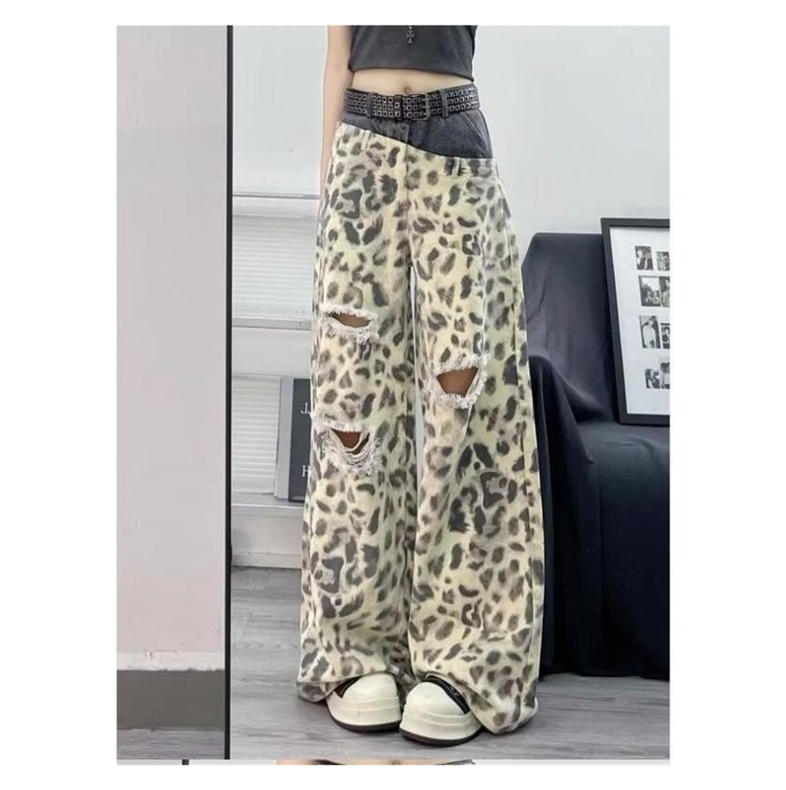 Jeans Stampa Leopardo Gamba Larga Jeans Vita Alta Jeans Denim Strappati