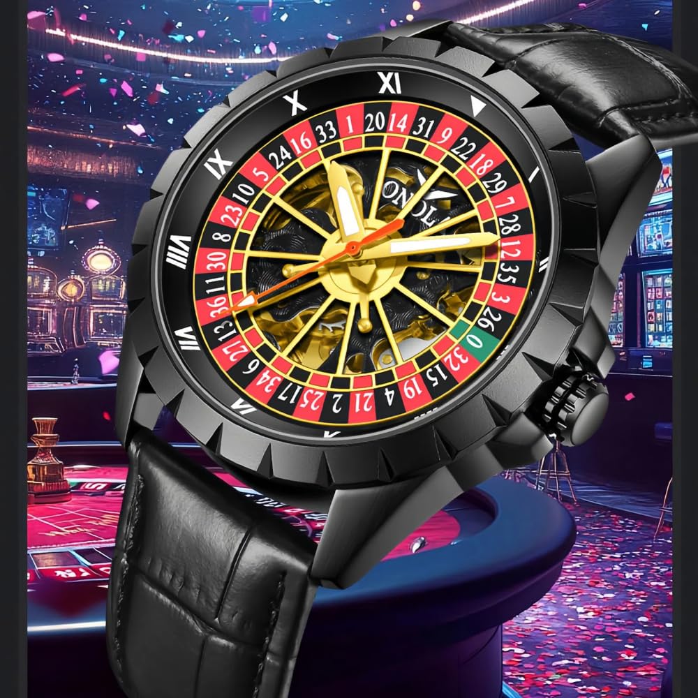 Orologio meccanico automatico da uomo con quadrante rotante oscillante e cinturino in vera pelle impermeabile di lusso