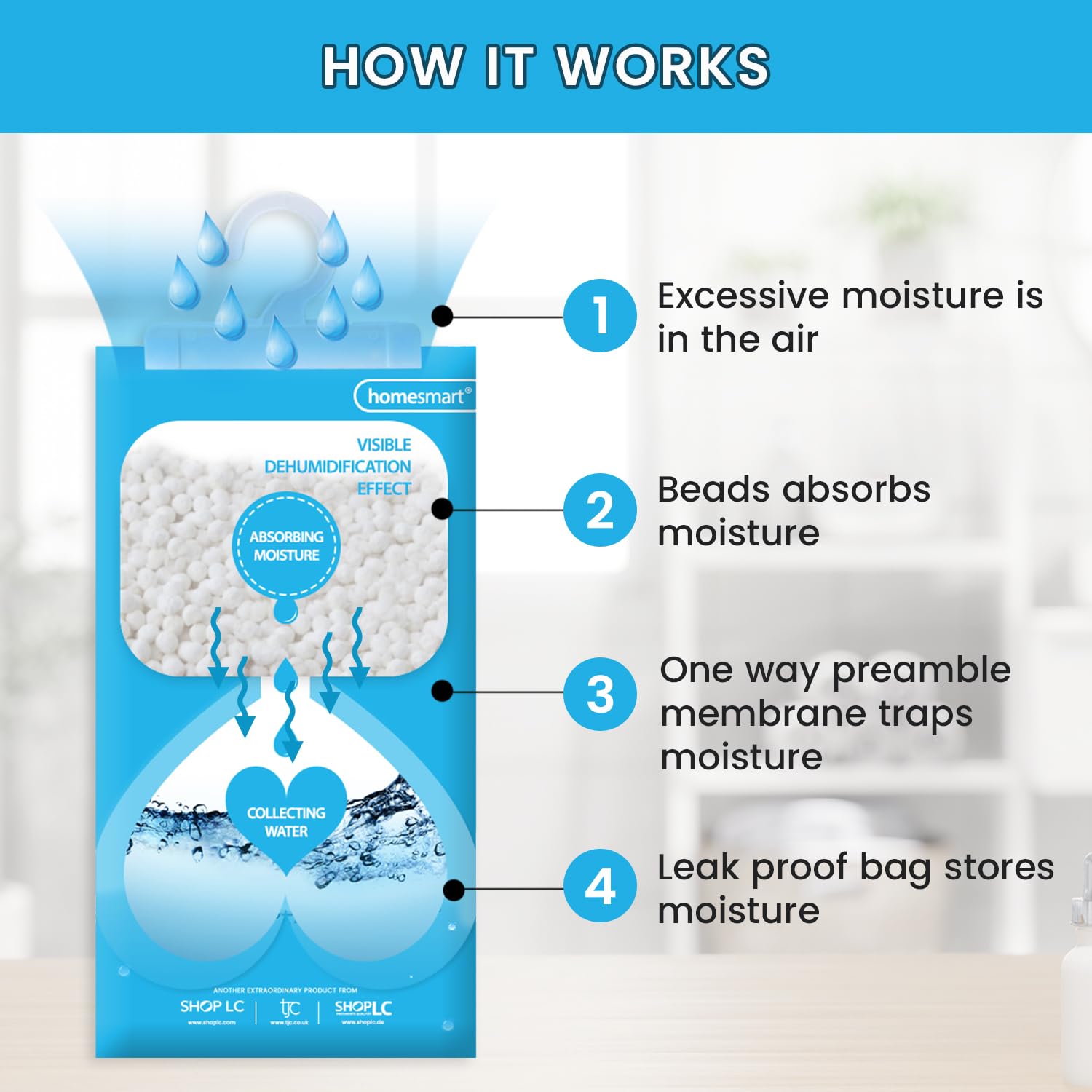 Homesmart Wardrobe Dehumidifier Hanging Bags - Disposable Moisture, Humidity & Damp Absorber for Home - Prevent Mould, Mildew & Condensation in Wardrobes, Cupboard & Caravan - Pack of 10, 220g per Bag