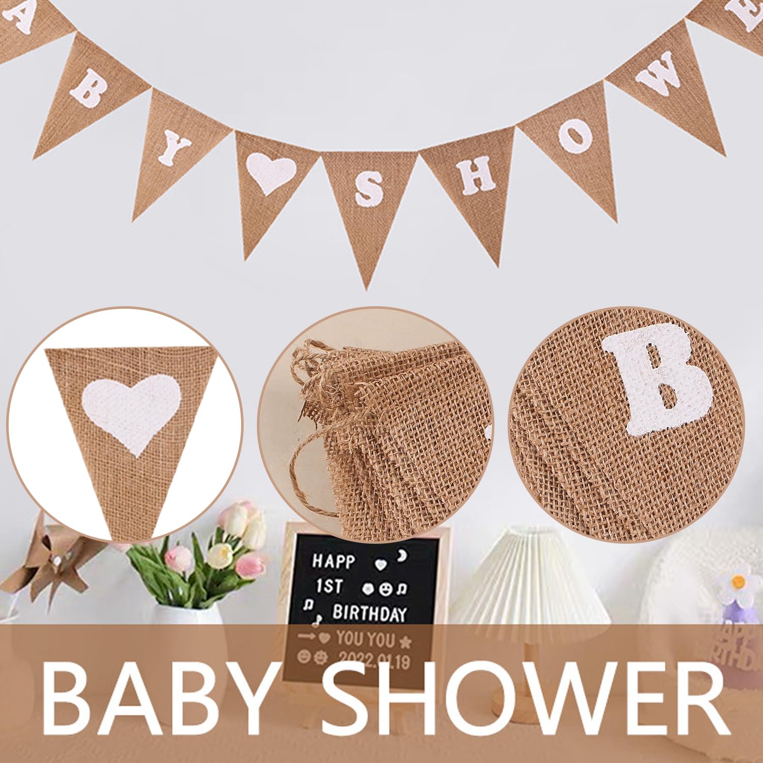 Linen Hessian Baby Shower Banner with Heart Print - Rustic Pennant Garland for Christening and Outdoor Party Decorations - Image 3