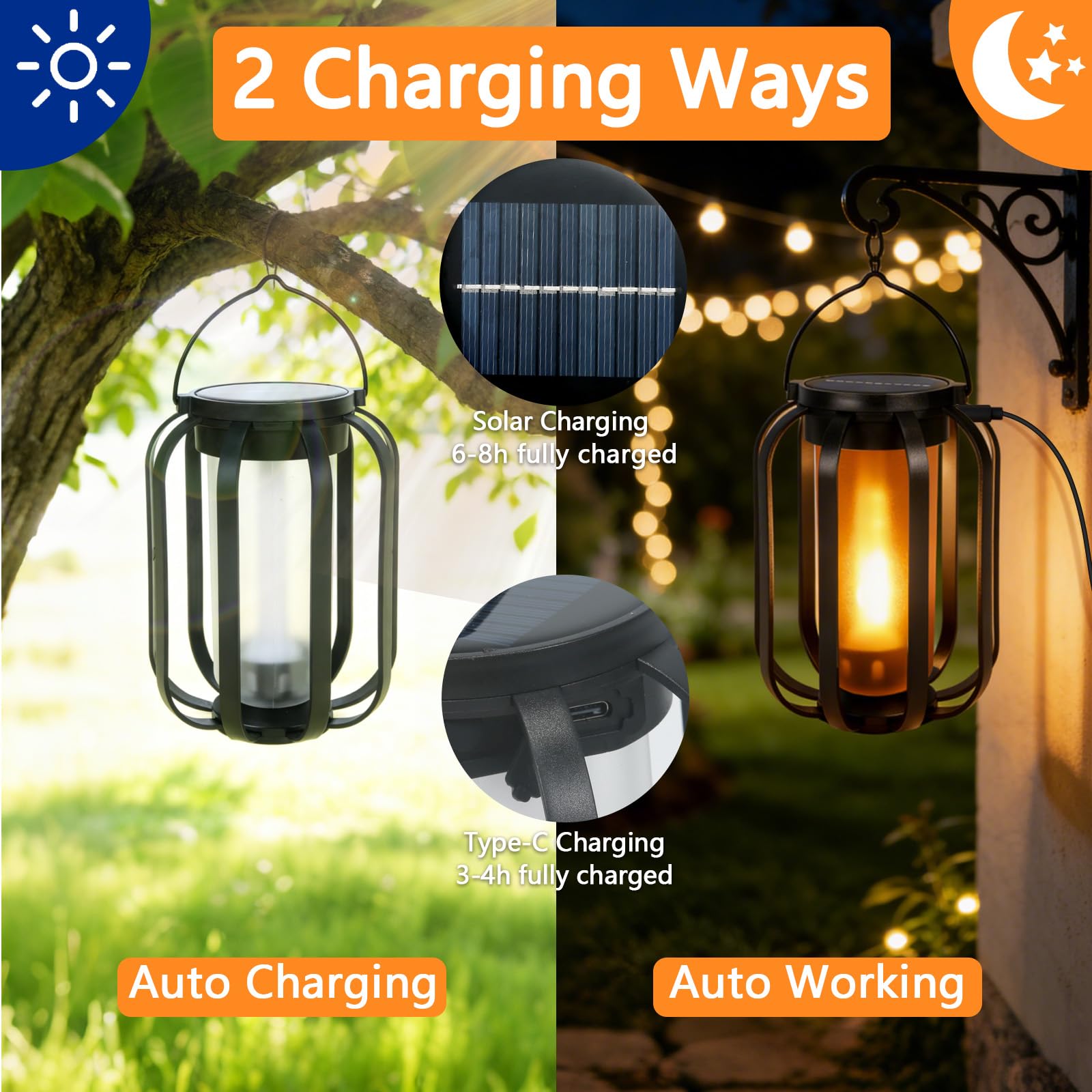 Farol solar para exteriores, paquete de 2 faroles solares impermeables con llama parpadeante, farol colgante decorativo para exteriores