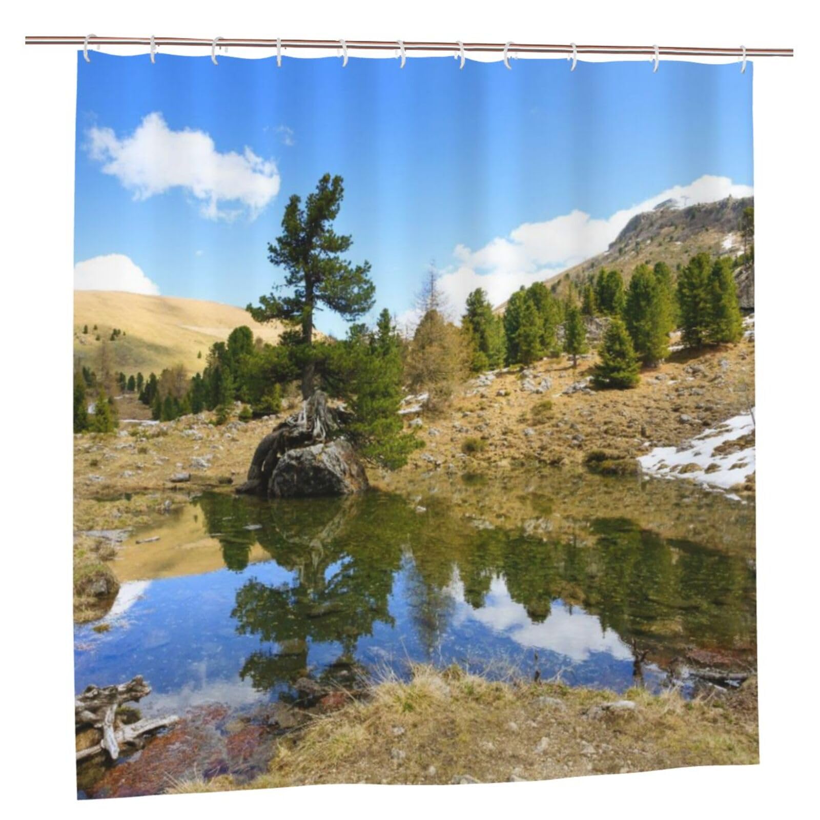 Oudrspo Polyester Fabric Shower Curtain - 70x70 Inch with Metal Grommets, Artistic Privacy Design, Tree Over A Rock Which is Reflected On A Lake