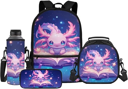 Axolotl Backpack for Girls School 4-in-1 Set Bookbags with Lunch Box, Pencil Case and Water Bottle Sleeve for Back to School Essential, Age 6-8 Elementary Backpack