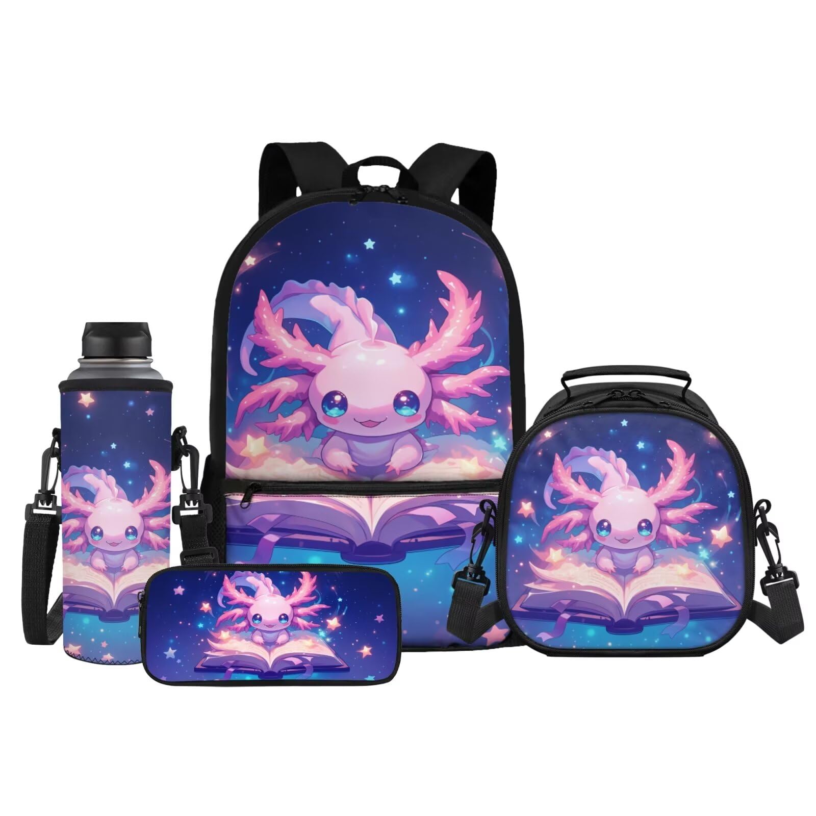 4 in 1 Schulset Kawaii Rucksack mit Lunchbox für Jungen Mädchen Alter 5-12, Axolotl Book, Tagesrucksäcke